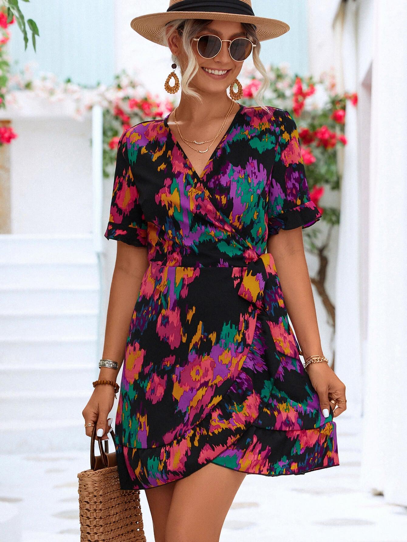 Printed Flounce Sleeve Tied Dress BLUE ZONE PLANET