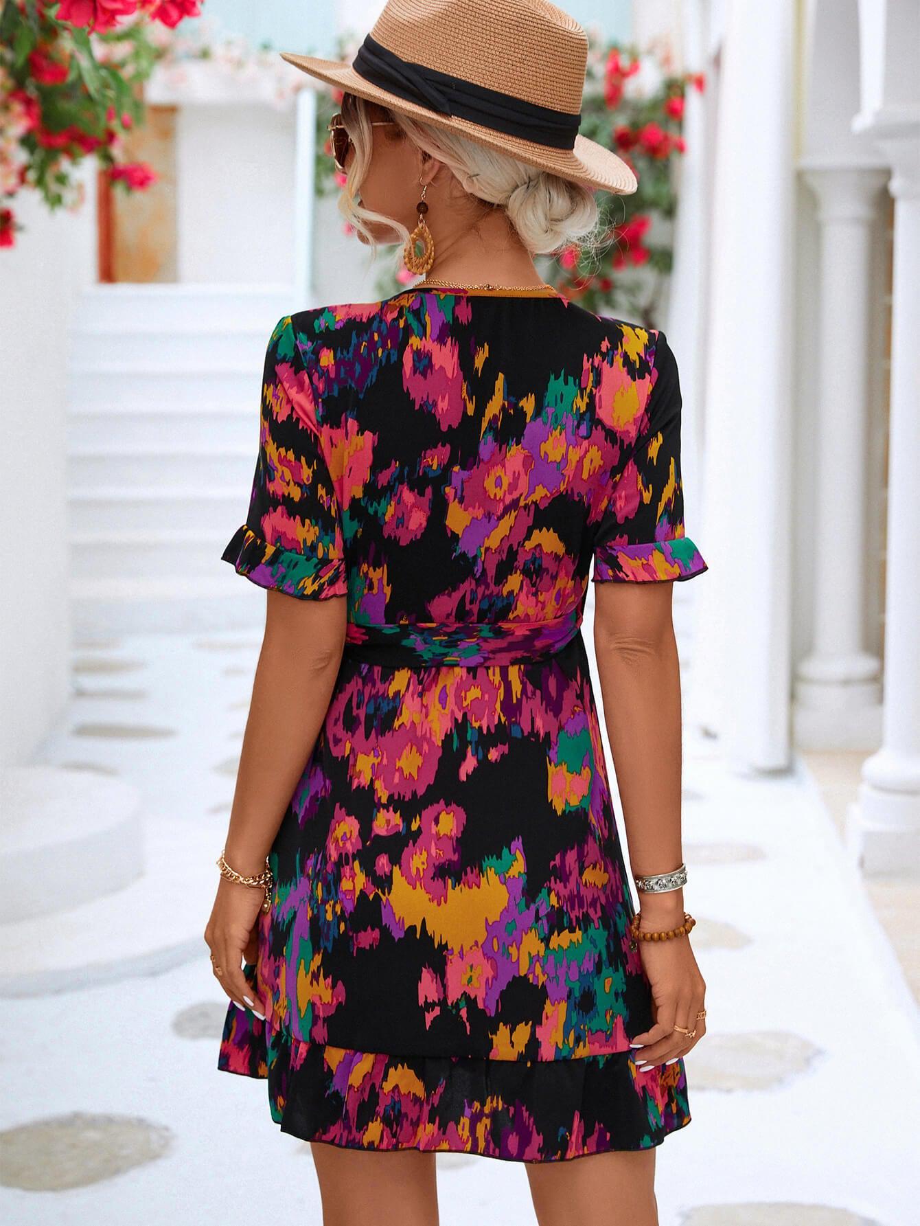 Printed Flounce Sleeve Tied Dress BLUE ZONE PLANET
