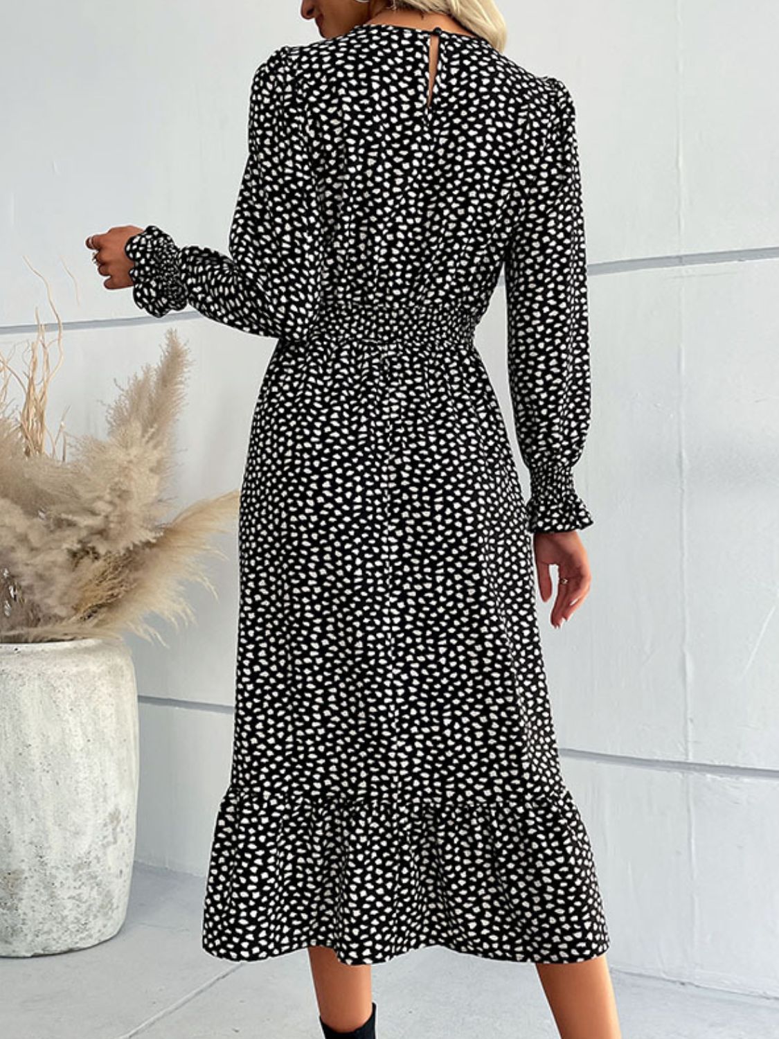 Printed Flounce Sleeve V-Neck Midi Dress BLUE ZONE PLANET