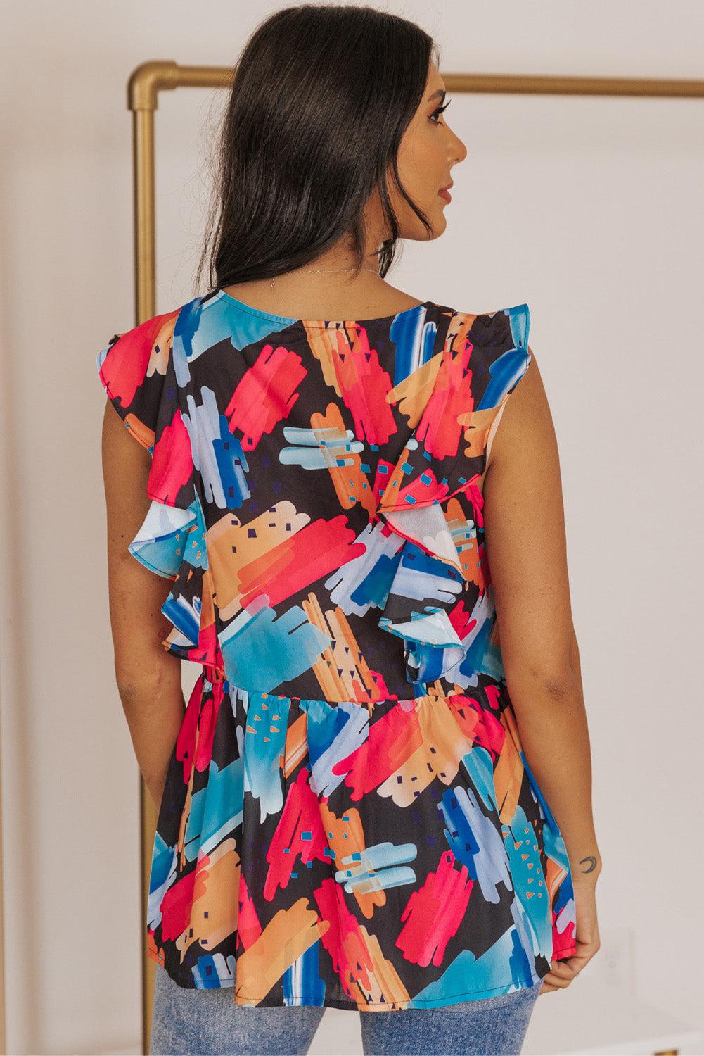 Printed Flutter Sleeve Peplum Tank BLUE ZONE PLANET