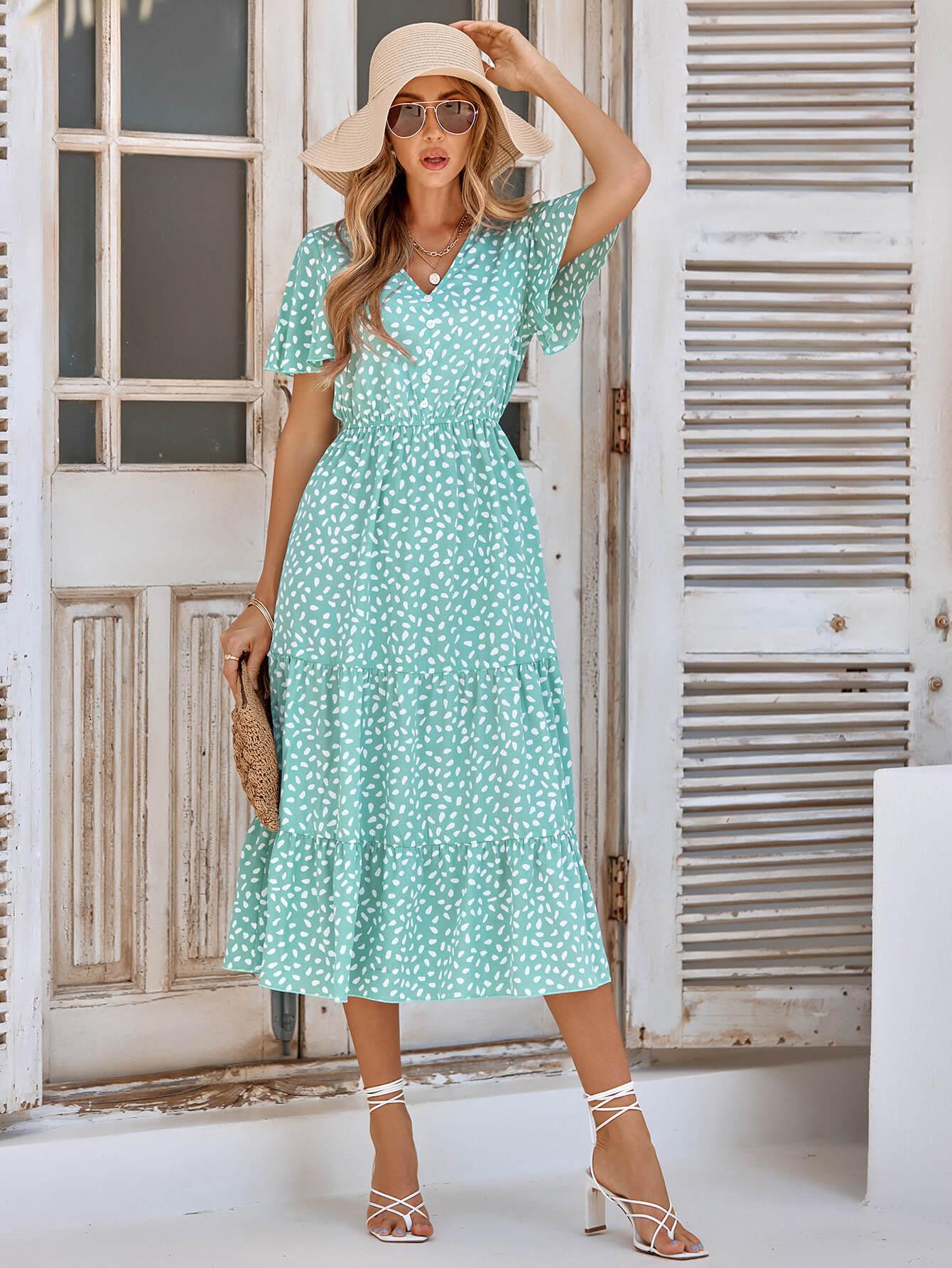 Printed Flutter Sleeve Tiered Dress BLUE ZONE PLANET