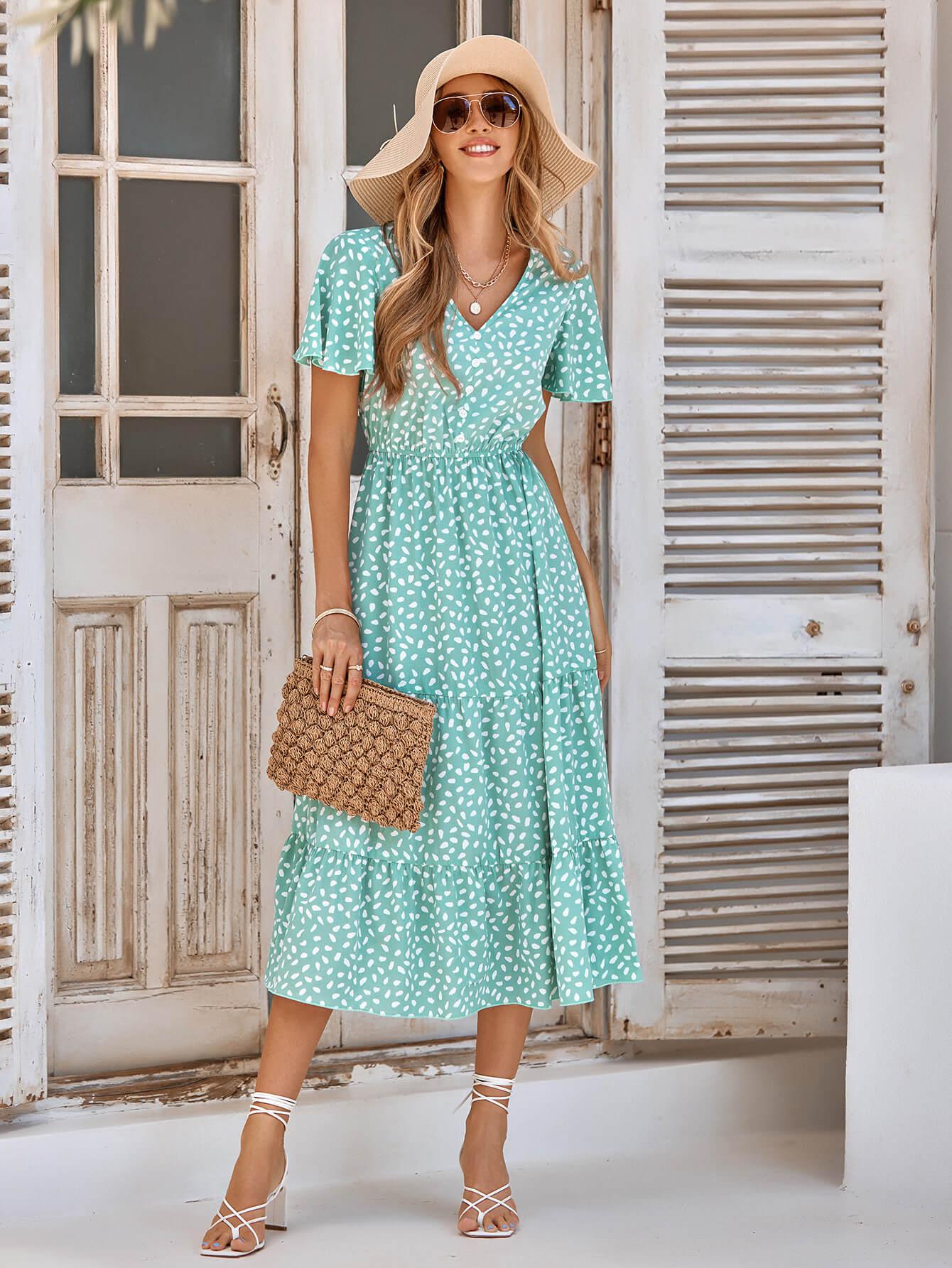 Printed Flutter Sleeve Tiered Dress BLUE ZONE PLANET