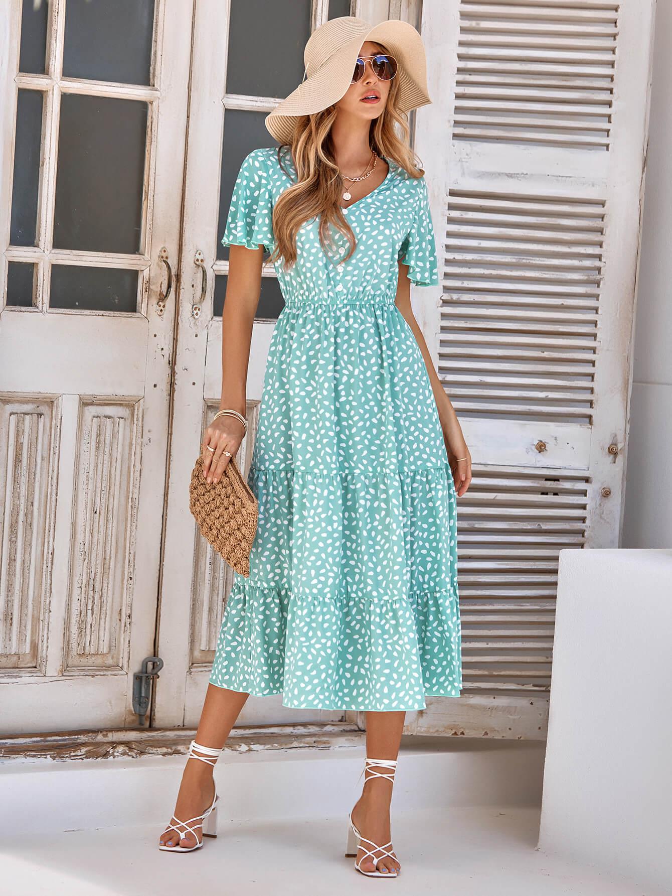 Printed Flutter Sleeve Tiered Dress BLUE ZONE PLANET