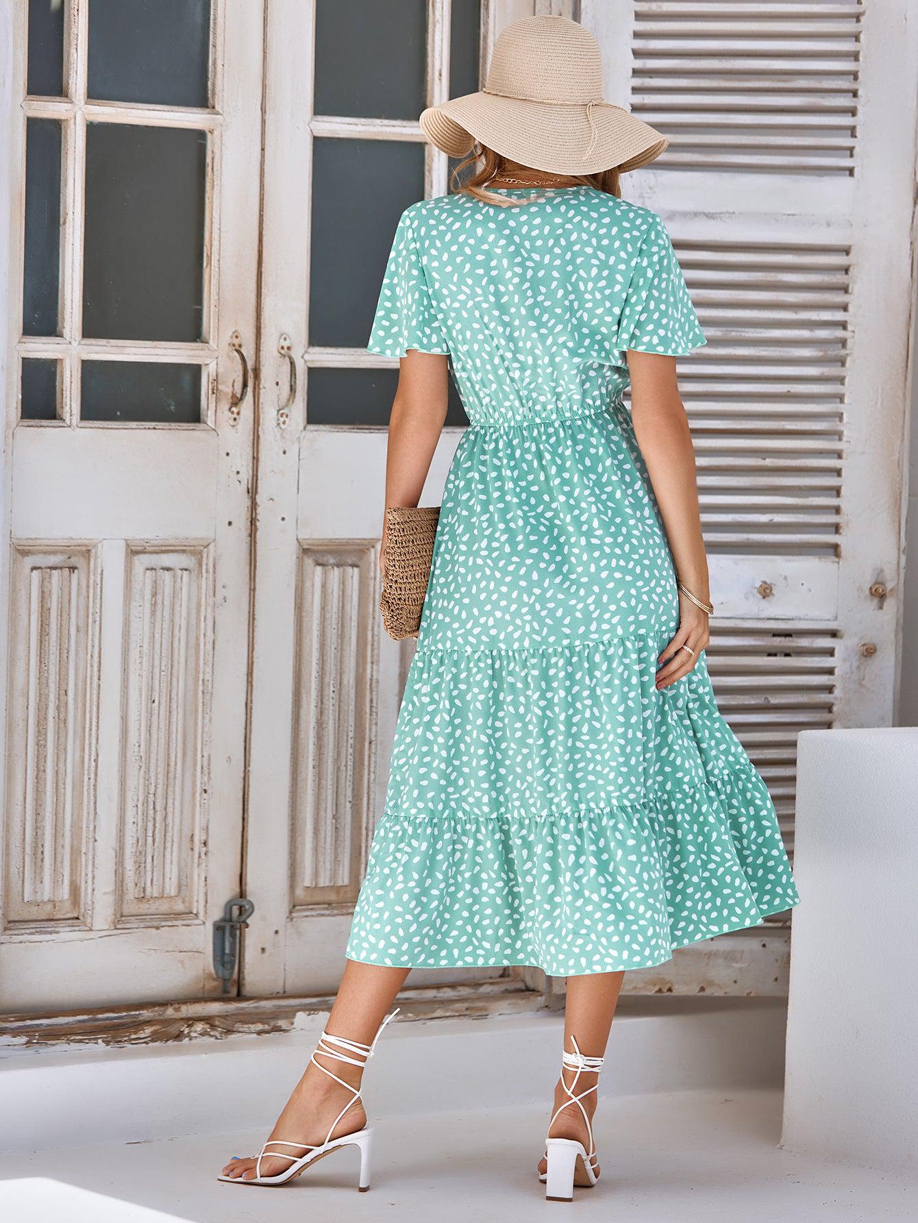 Printed Flutter Sleeve Tiered Dress BLUE ZONE PLANET