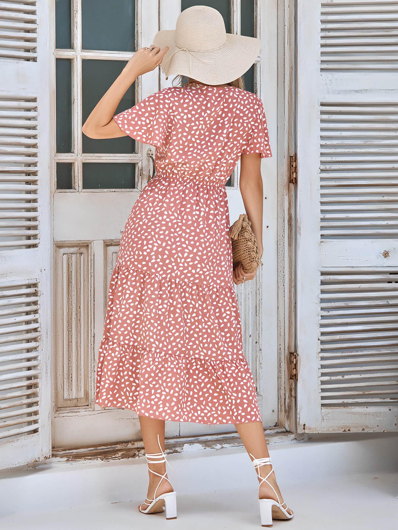 Printed Flutter Sleeve Tiered Dress BLUE ZONE PLANET