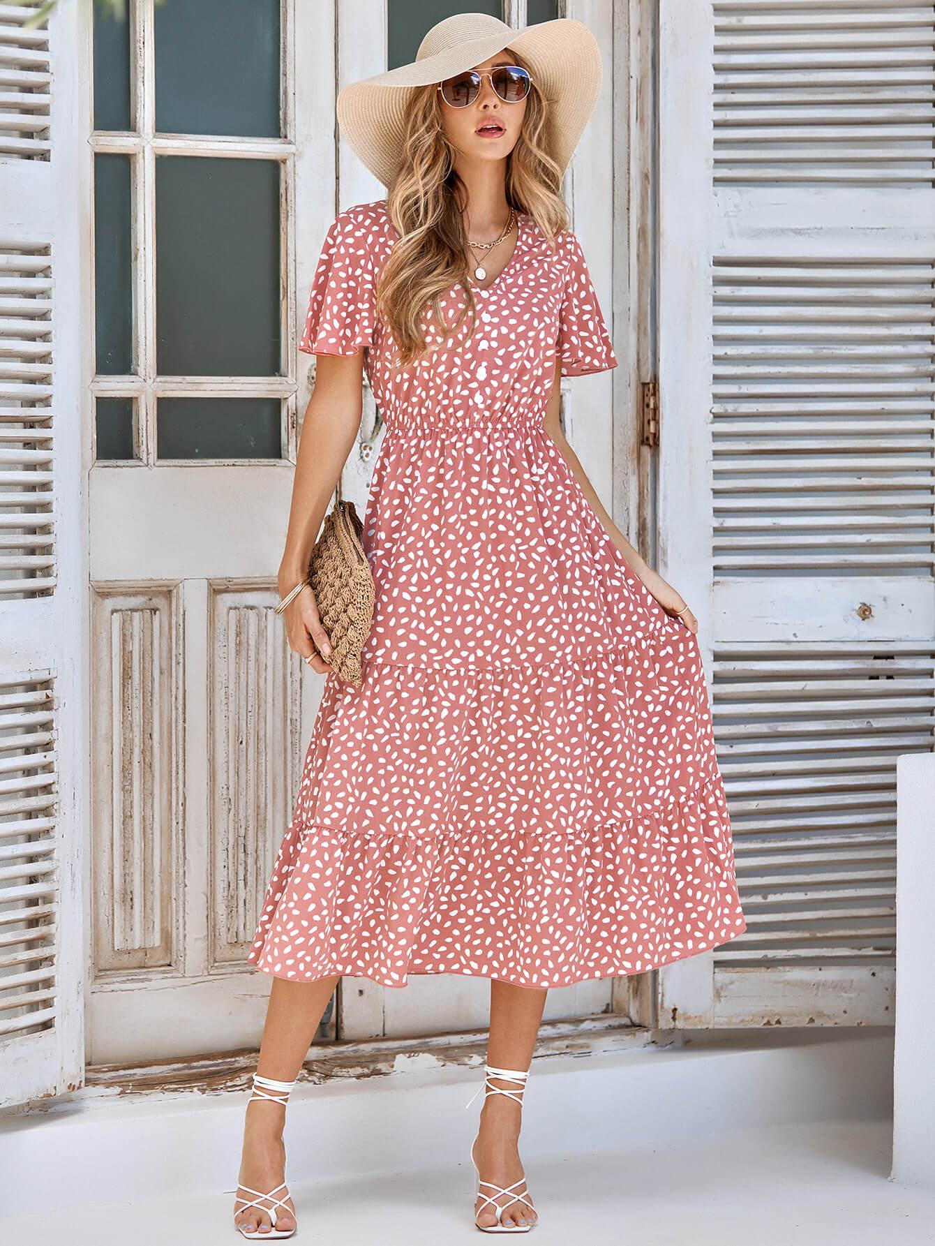 Printed Flutter Sleeve Tiered Dress BLUE ZONE PLANET