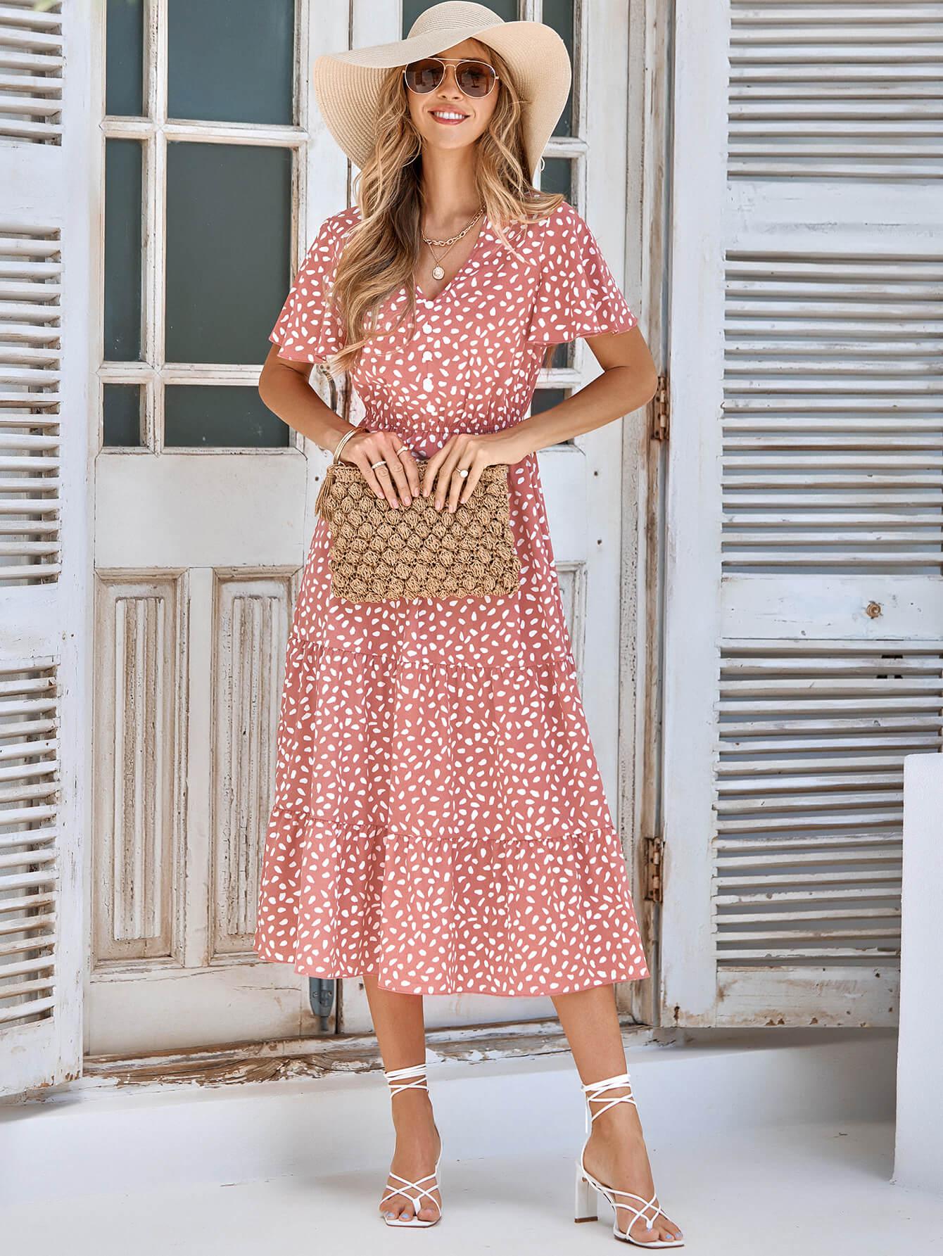 Printed Flutter Sleeve Tiered Dress BLUE ZONE PLANET