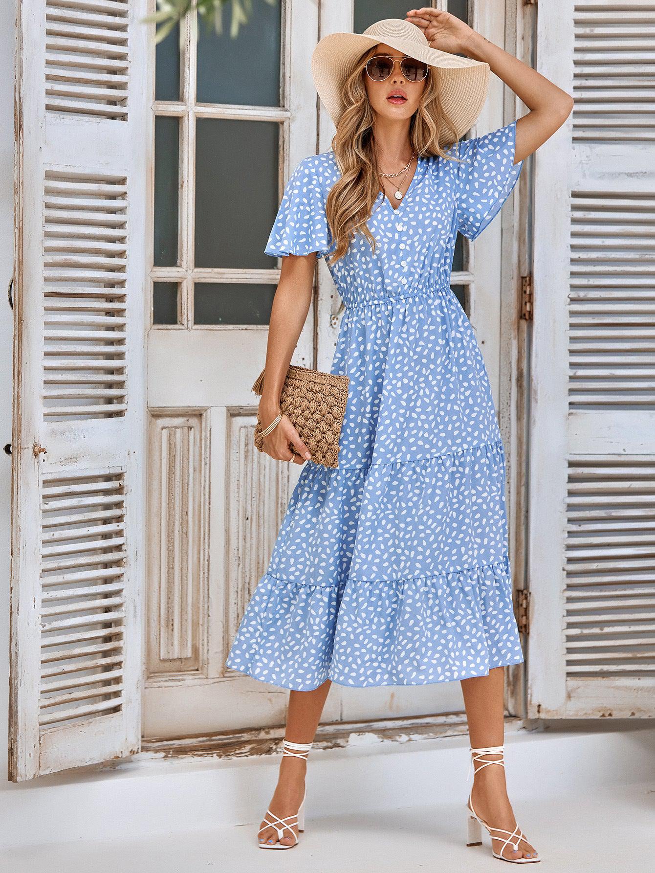 Printed Flutter Sleeve Tiered Dress BLUE ZONE PLANET