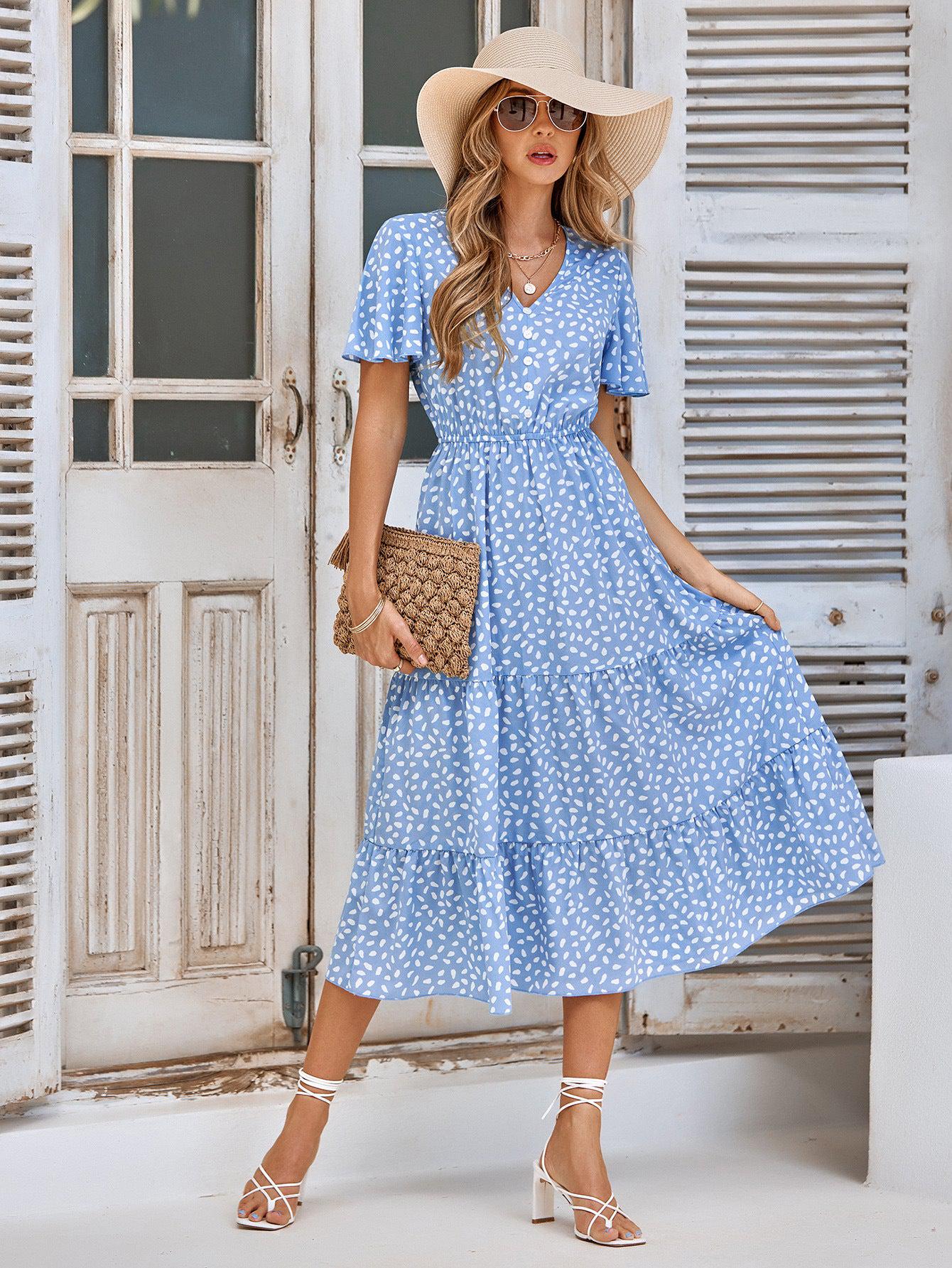Printed Flutter Sleeve Tiered Dress BLUE ZONE PLANET