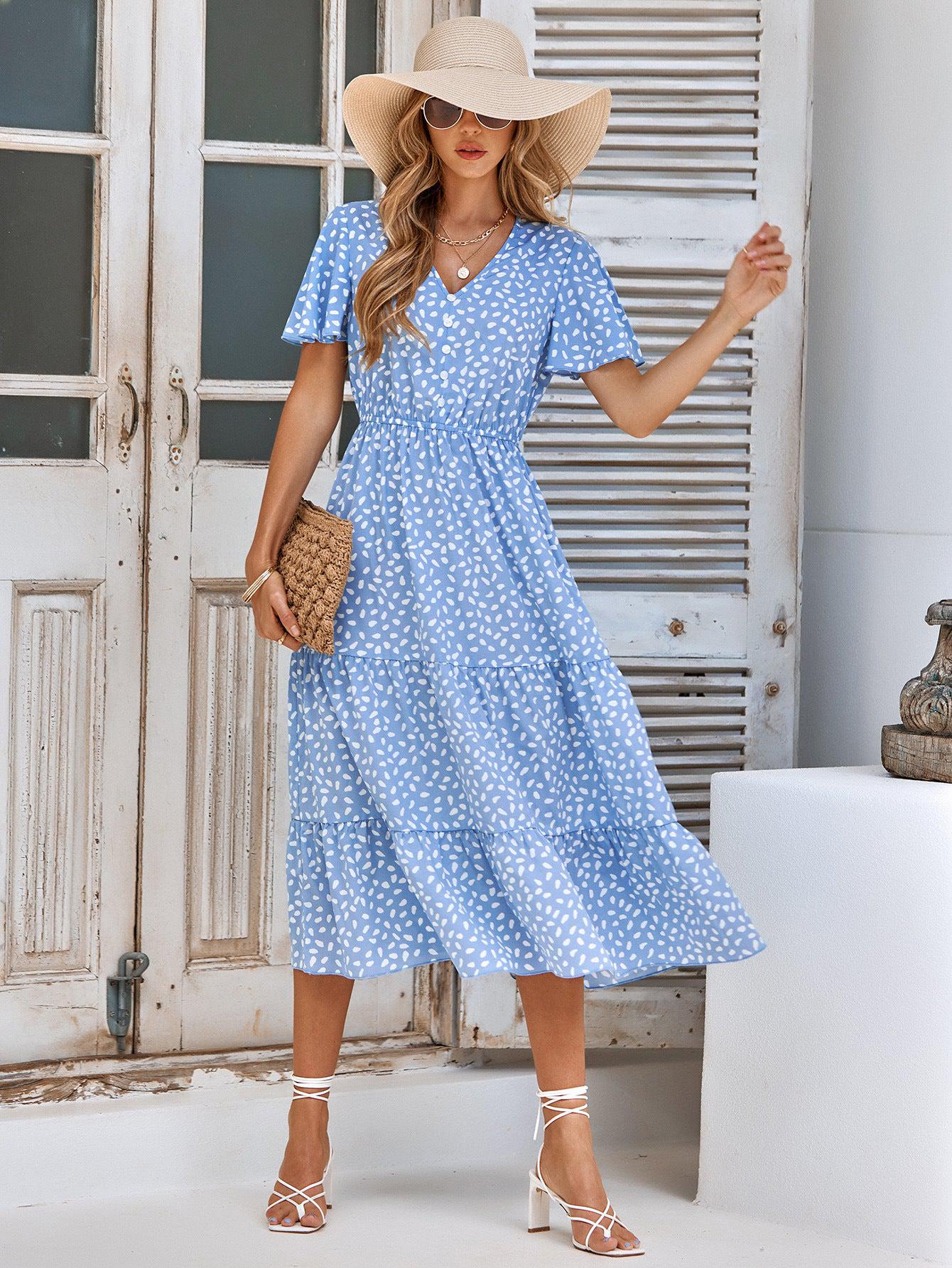 Printed Flutter Sleeve Tiered Dress BLUE ZONE PLANET
