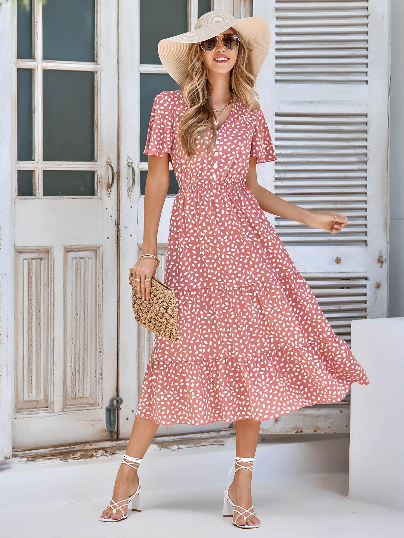 Printed Flutter Sleeve Tiered Dress BLUE ZONE PLANET