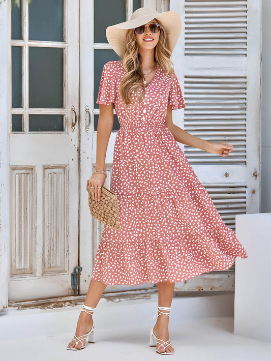 Printed Flutter Sleeve Tiered Dress BLUE ZONE PLANET