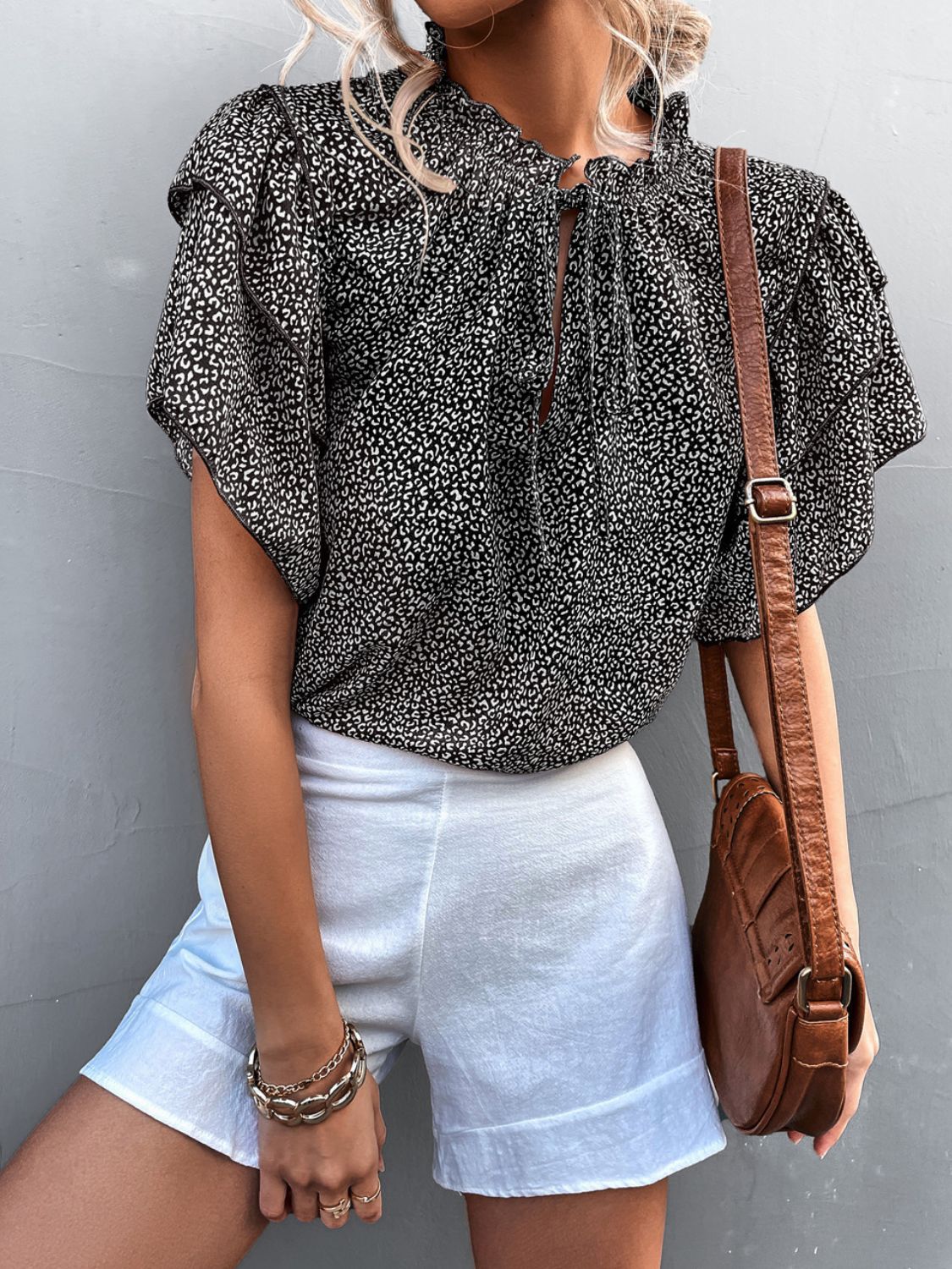 Printed Flutter Sleeve V-Neck Top BLUE ZONE PLANET