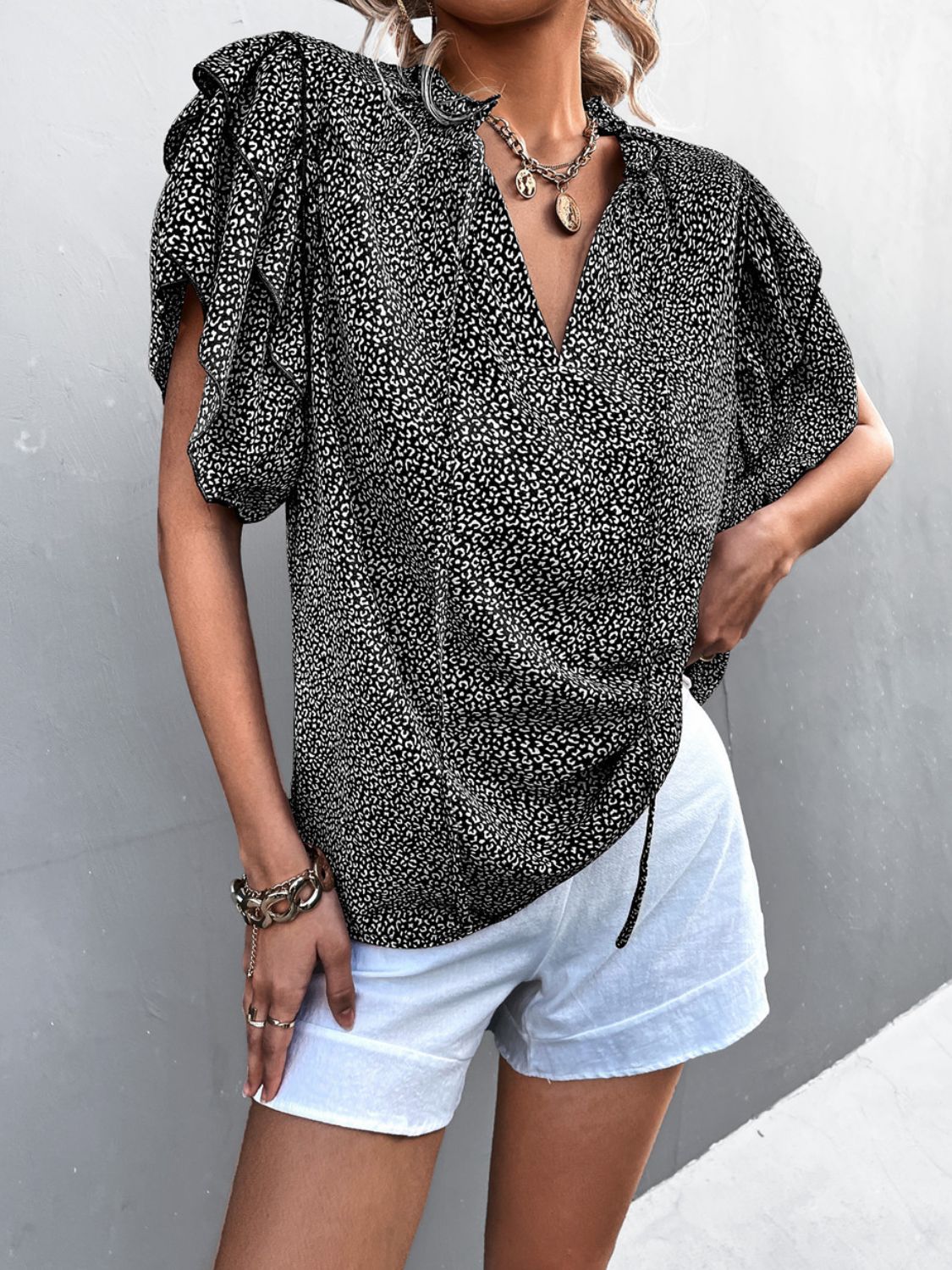 Printed Flutter Sleeve V-Neck Top BLUE ZONE PLANET