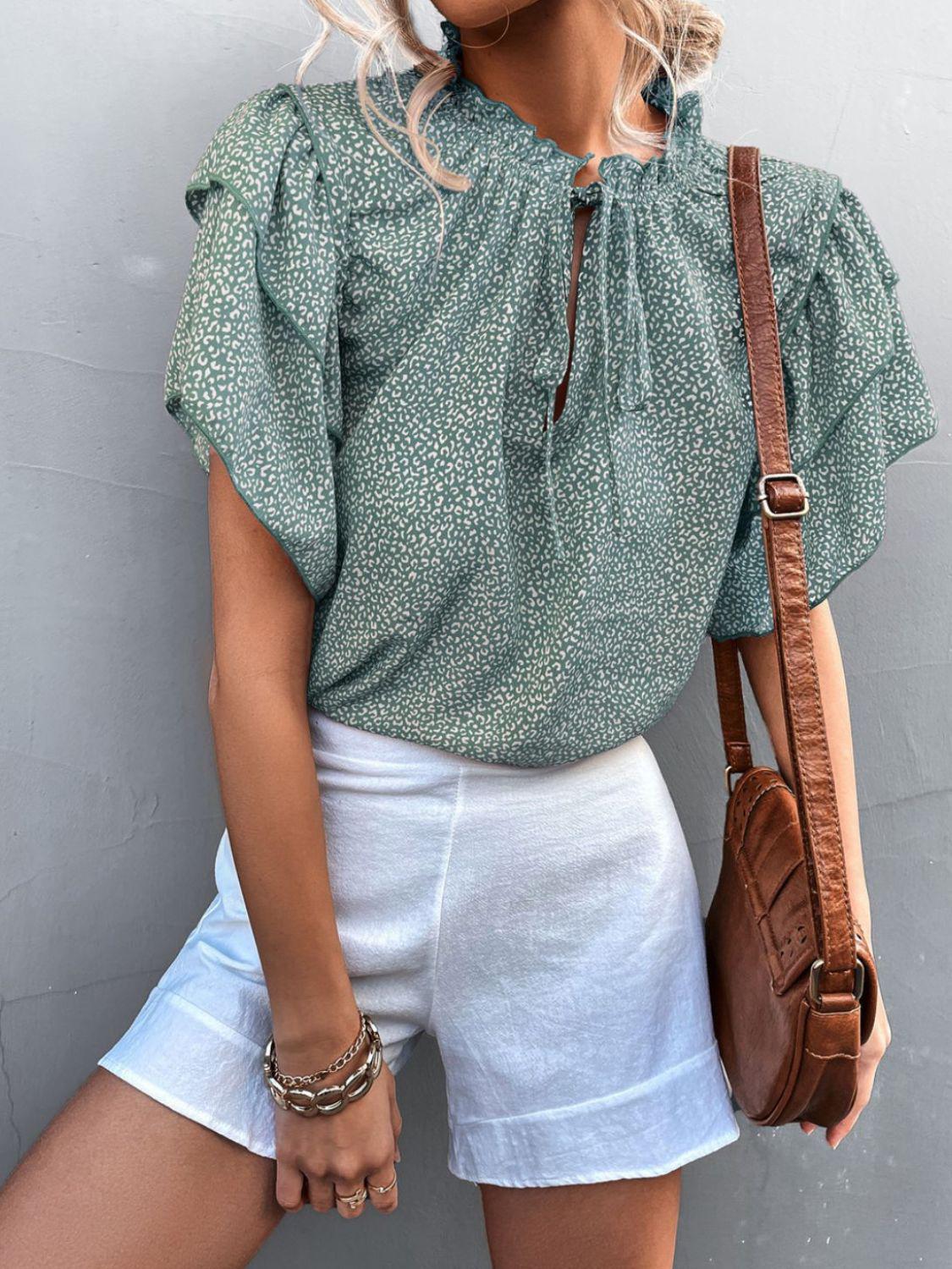 Printed Flutter Sleeve V-Neck Top BLUE ZONE PLANET