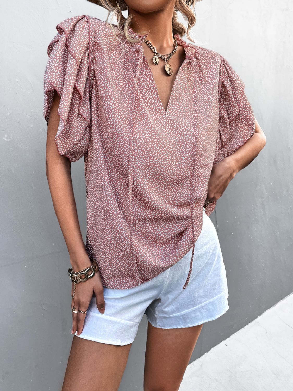 Printed Flutter Sleeve V-Neck Top BLUE ZONE PLANET
