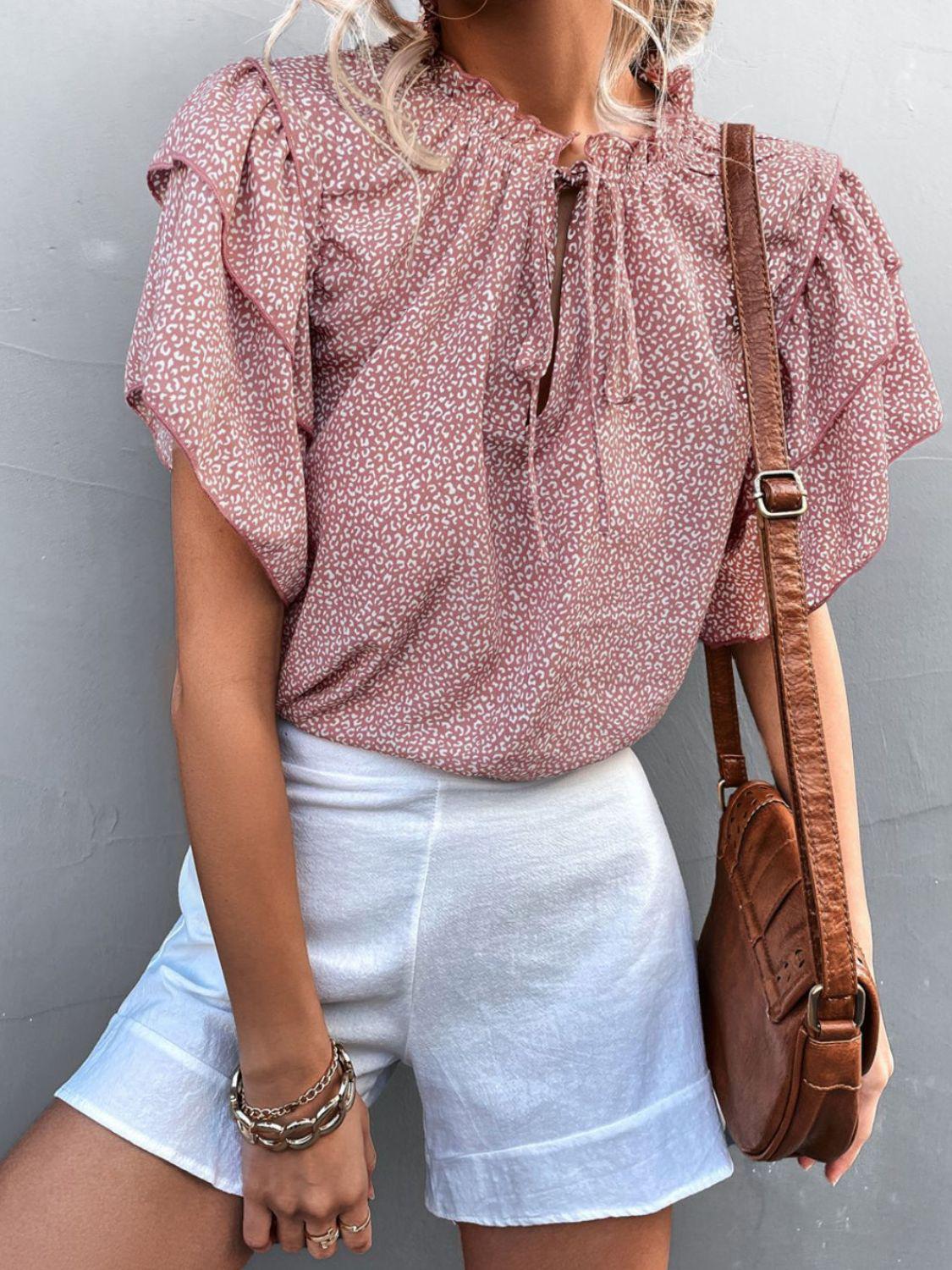 Printed Flutter Sleeve V-Neck Top BLUE ZONE PLANET