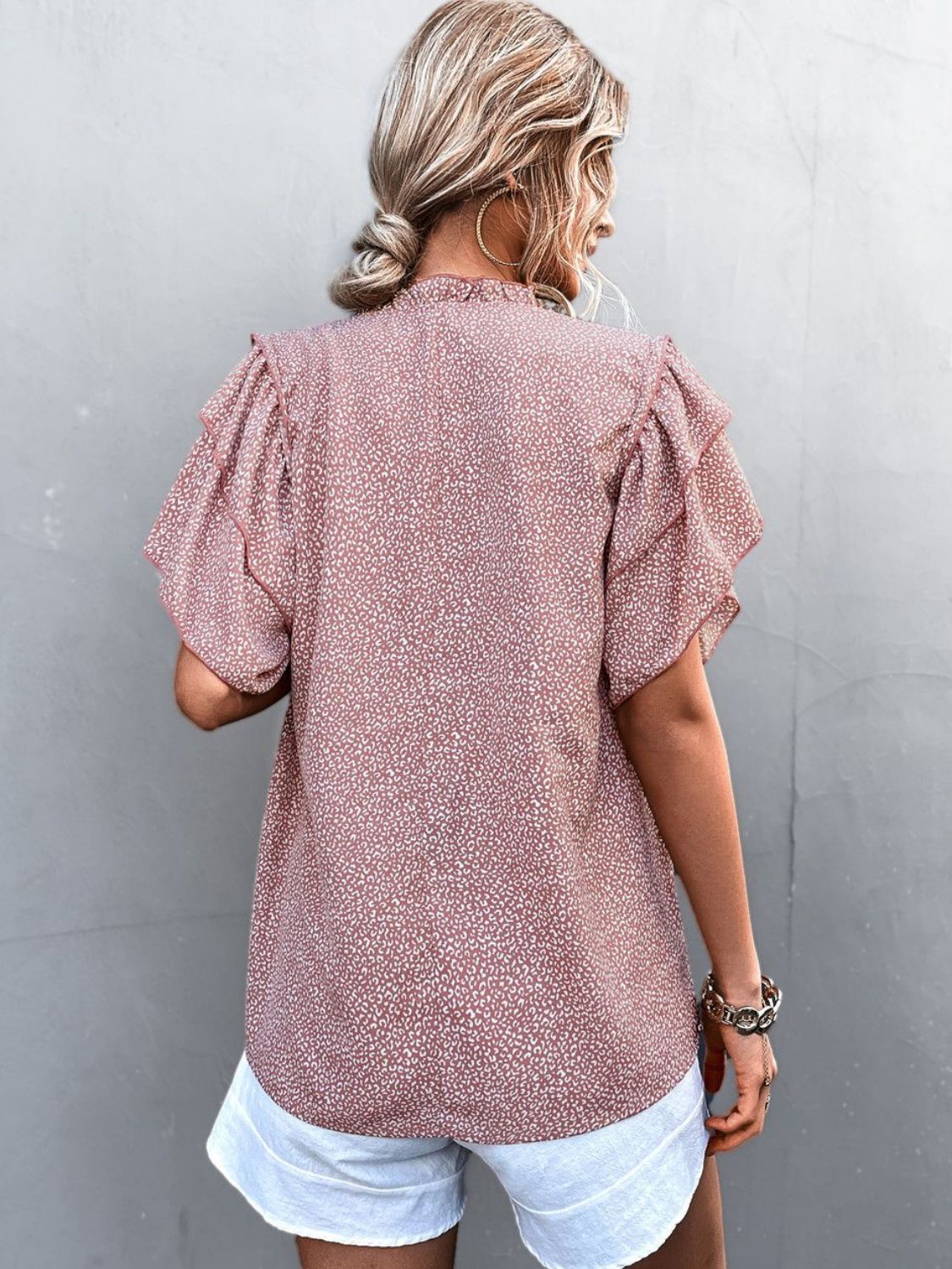 Printed Flutter Sleeve V-Neck Top BLUE ZONE PLANET