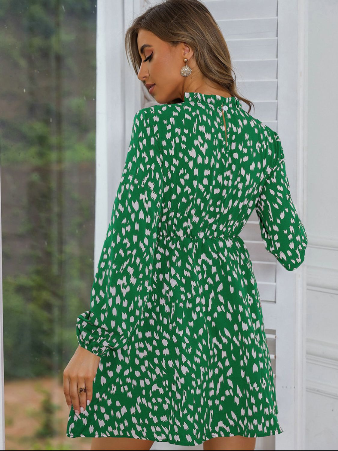 Printed Frill Neck Long Sleeve Dress BLUE ZONE PLANET