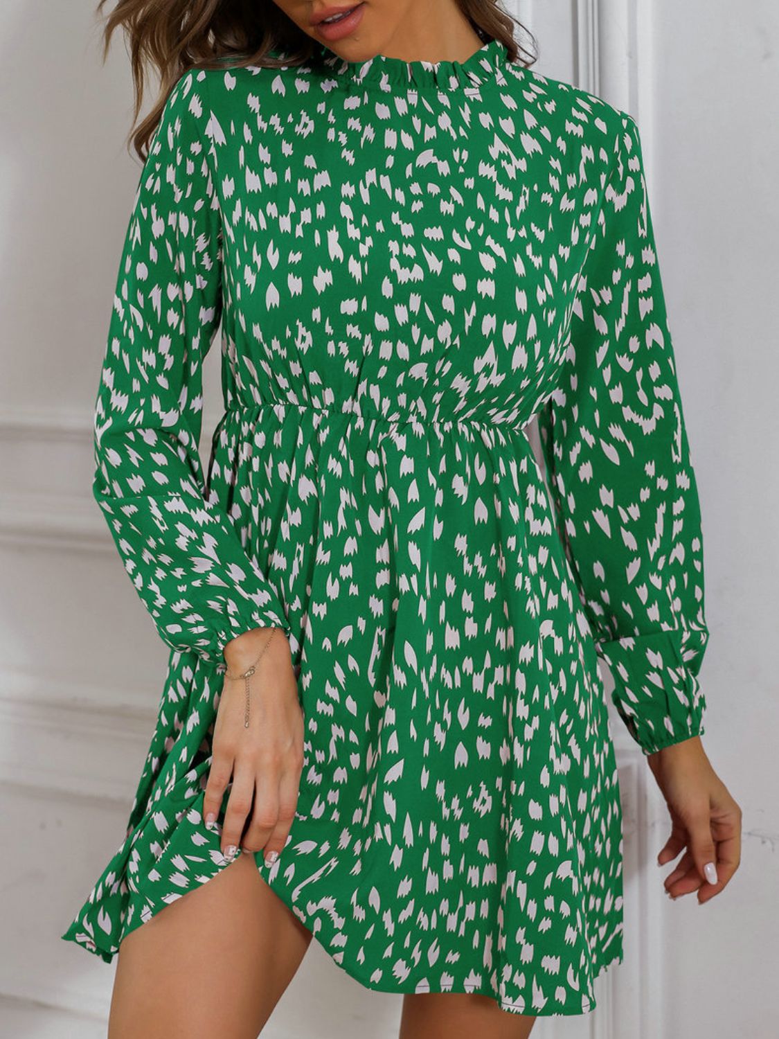 Printed Frill Neck Long Sleeve Dress BLUE ZONE PLANET