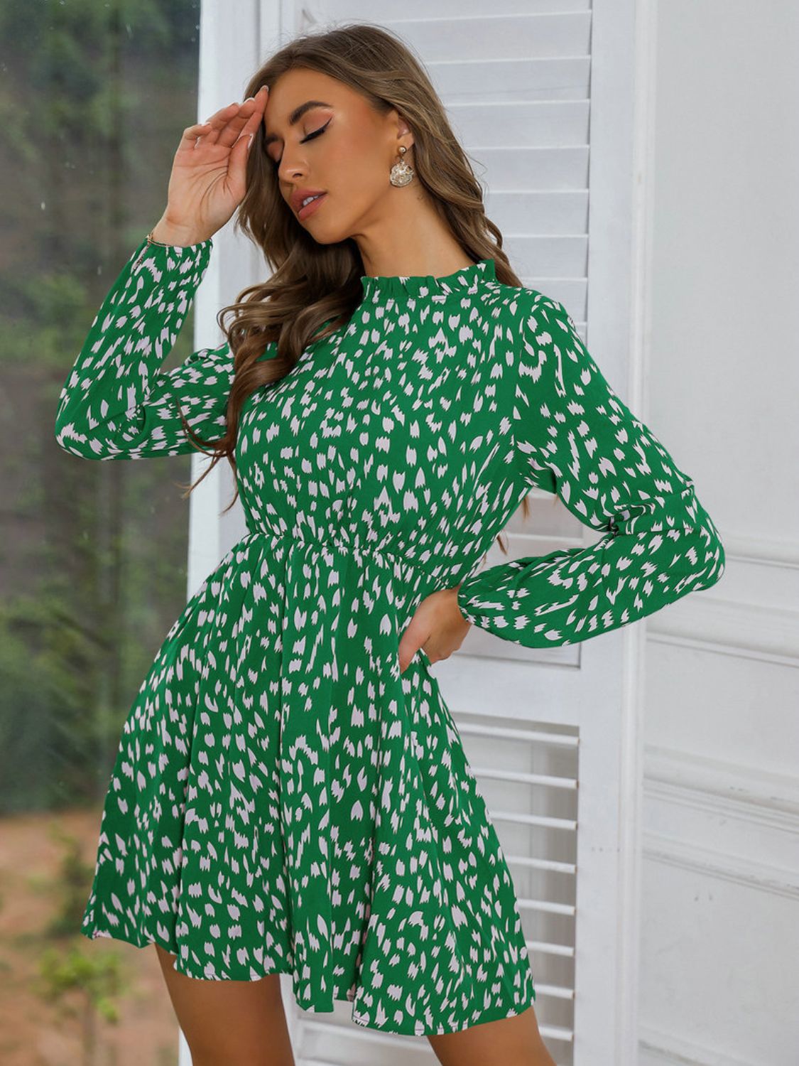Printed Frill Neck Long Sleeve Dress BLUE ZONE PLANET