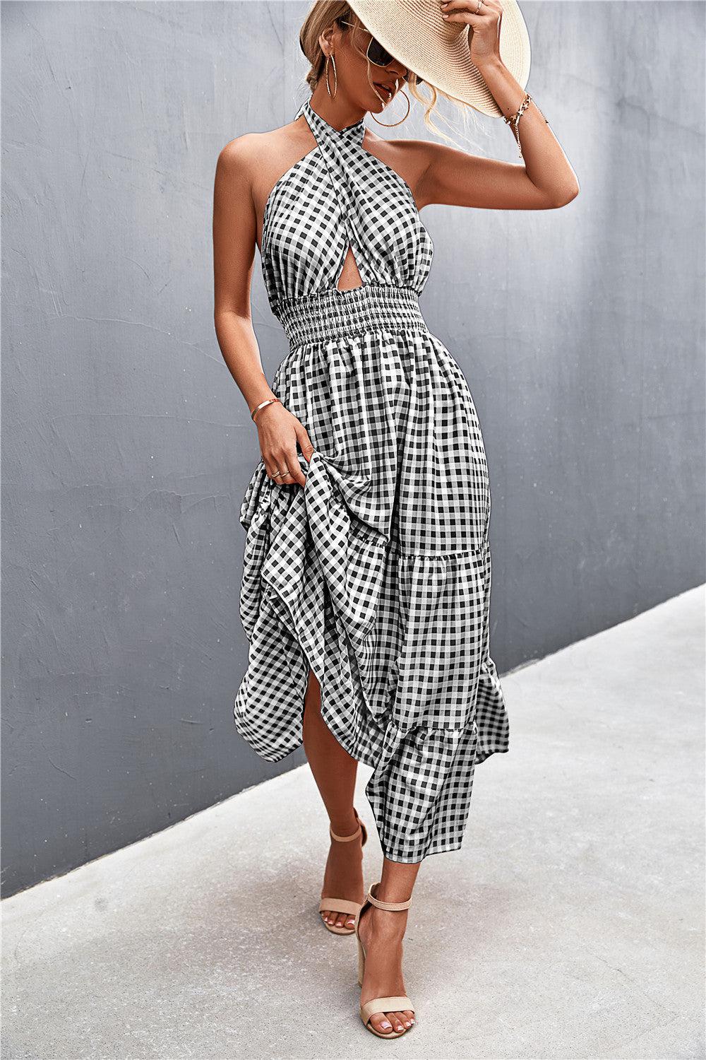 Printed Halter Neck Tiered Maxi Dress BLUE ZONE PLANET