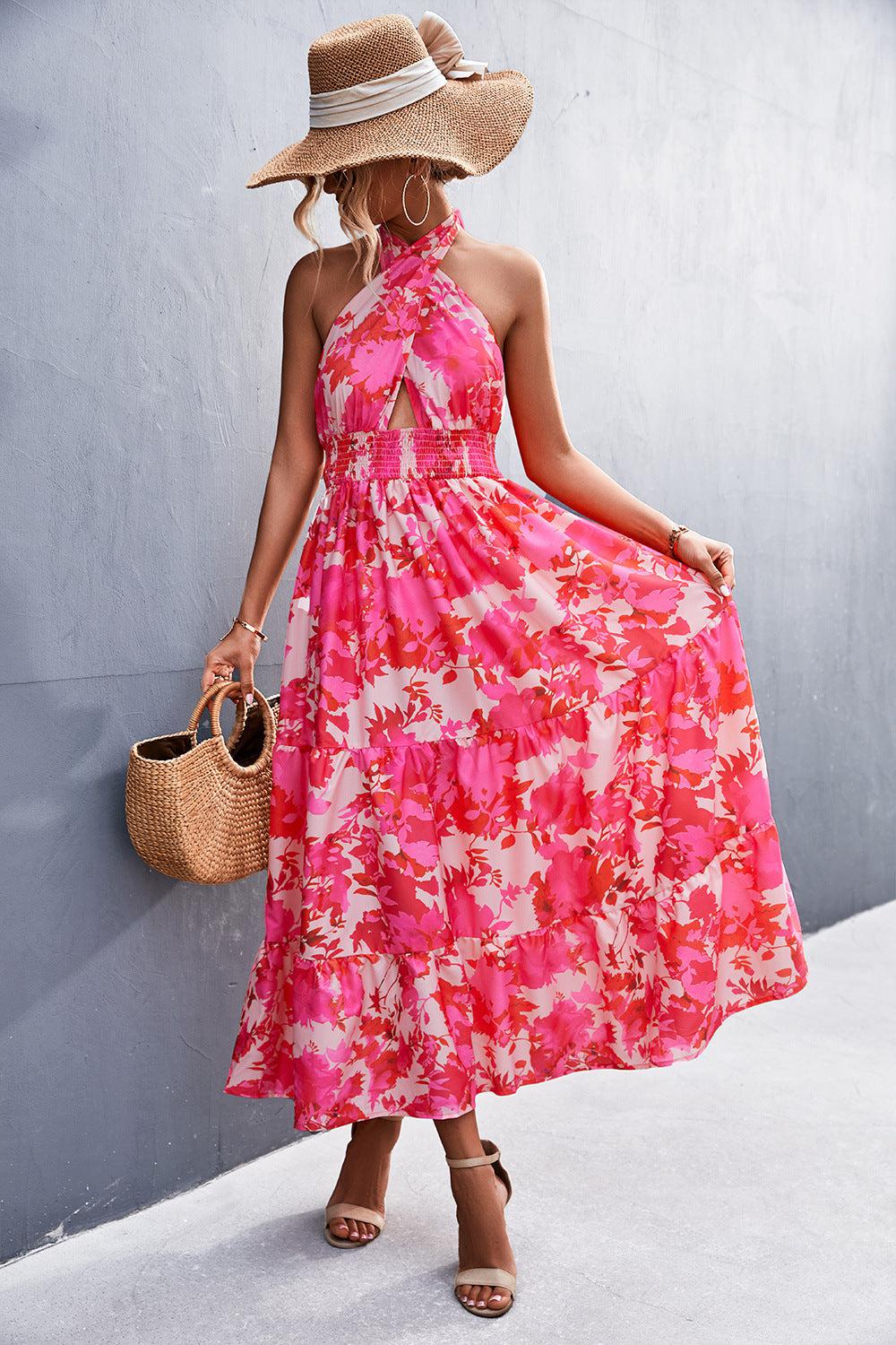 Printed Halter Neck Tiered Maxi Dress BLUE ZONE PLANET