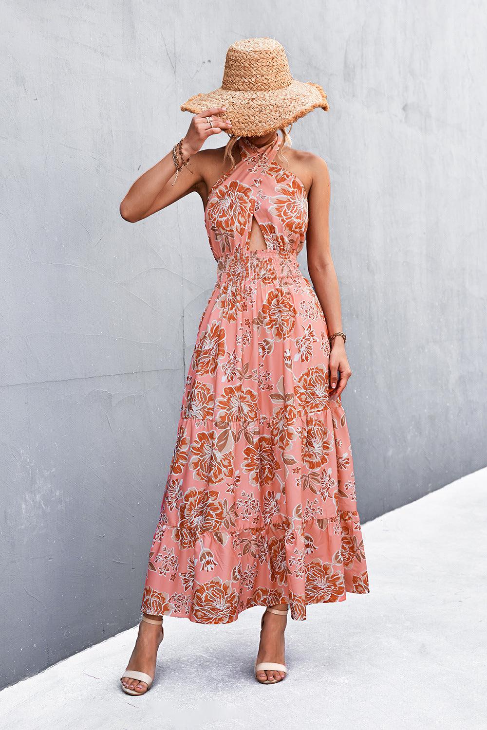 Printed Halter Neck Tiered Maxi Dress BLUE ZONE PLANET