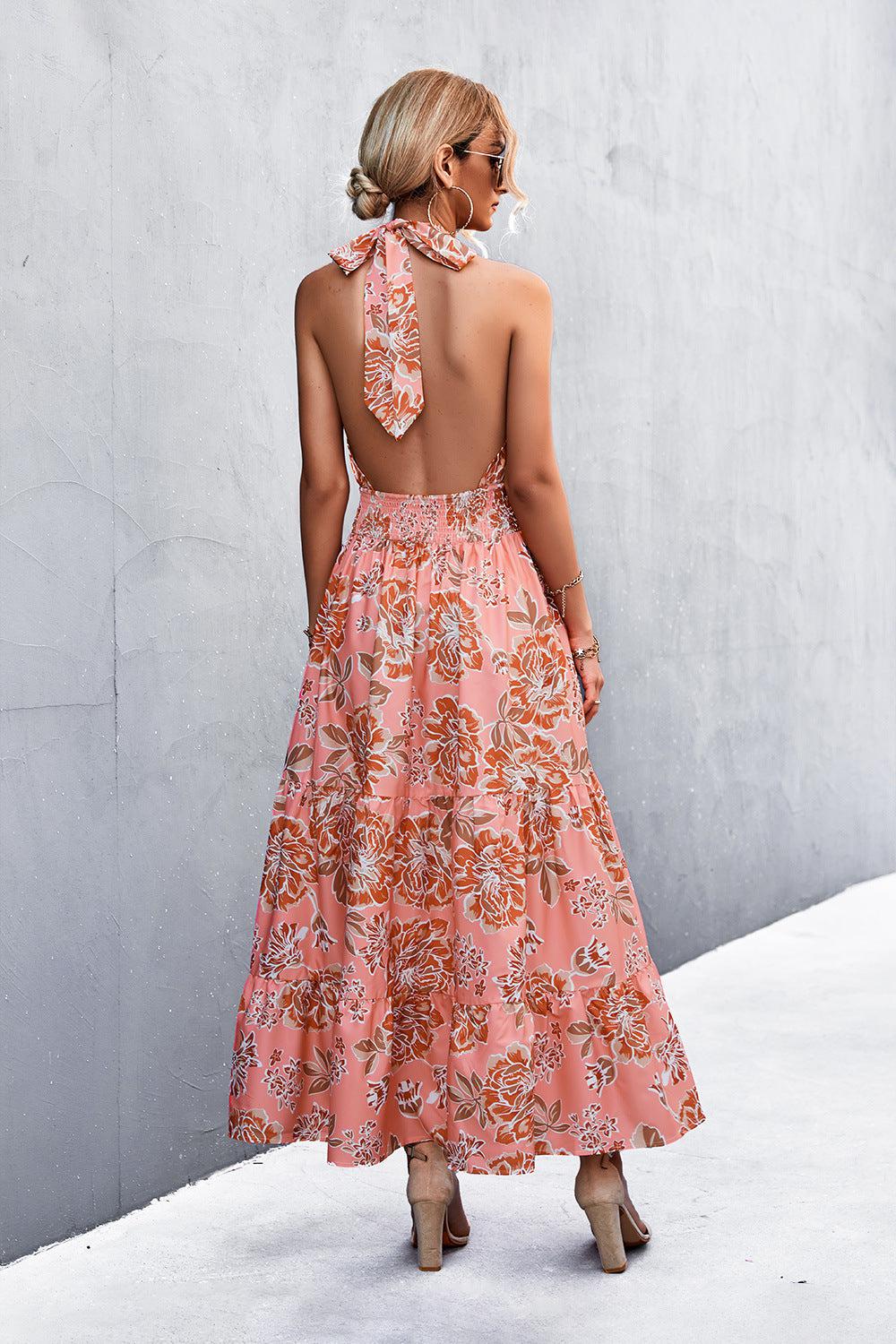 Printed Halter Neck Tiered Maxi Dress BLUE ZONE PLANET