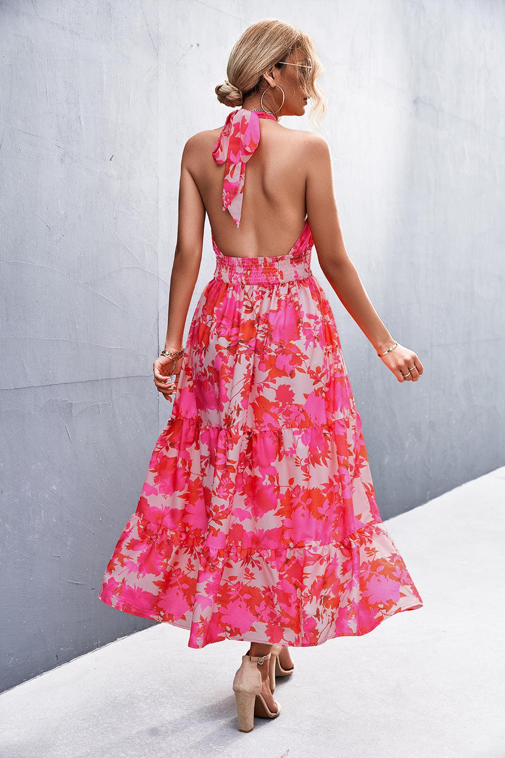 Printed Halter Neck Tiered Maxi Dress BLUE ZONE PLANET