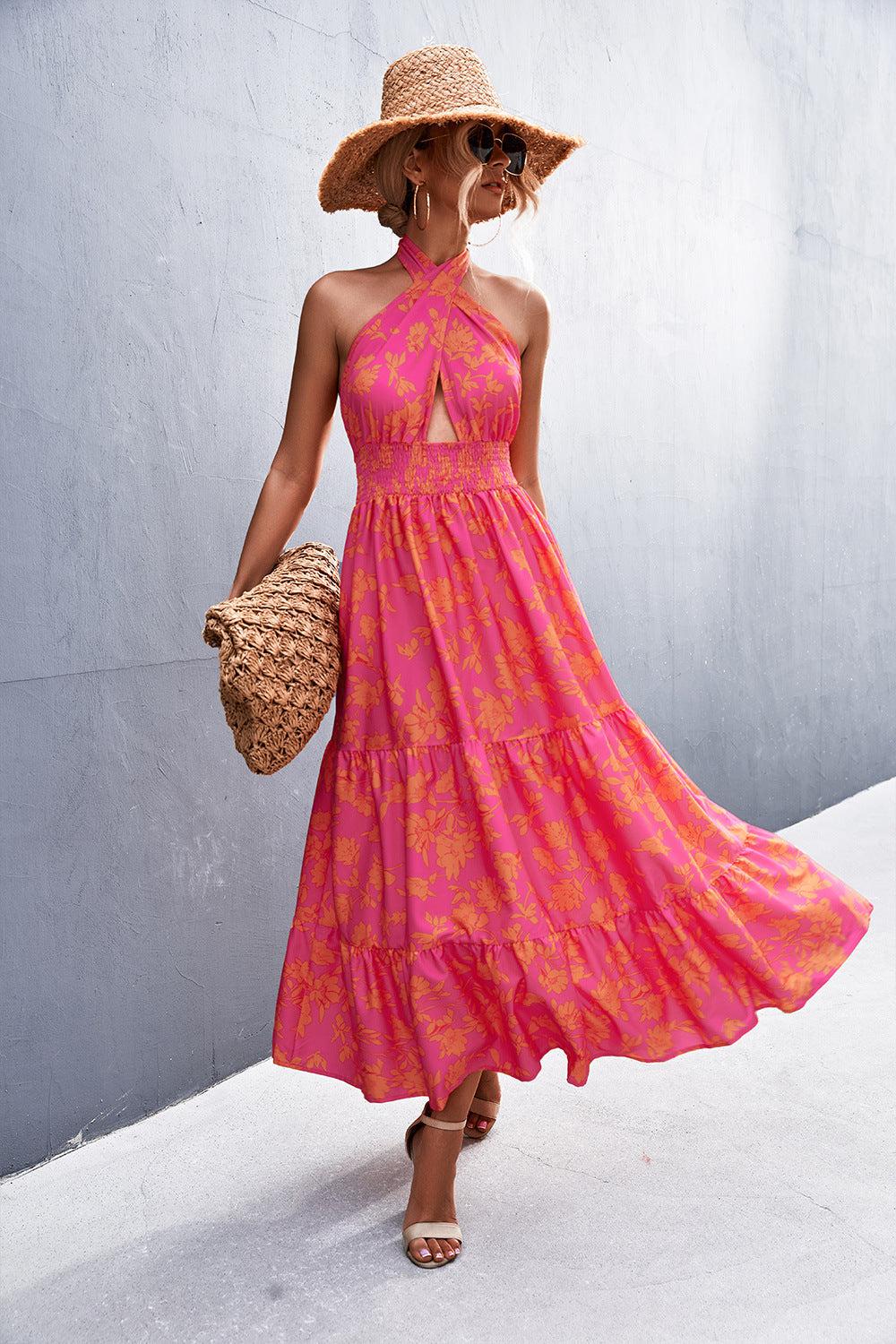Printed Halter Neck Tiered Maxi Dress BLUE ZONE PLANET