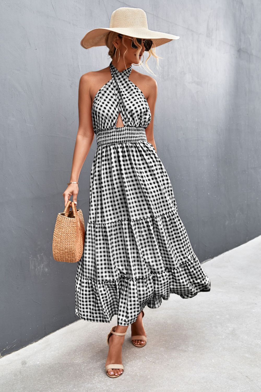 Printed Halter Neck Tiered Maxi Dress BLUE ZONE PLANET