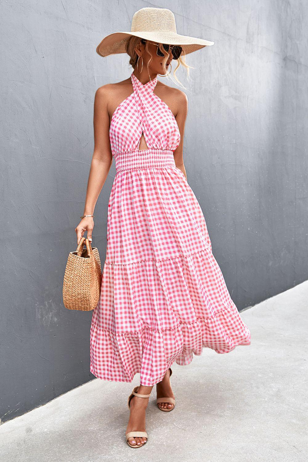 Printed Halter Neck Tiered Maxi Dress BLUE ZONE PLANET
