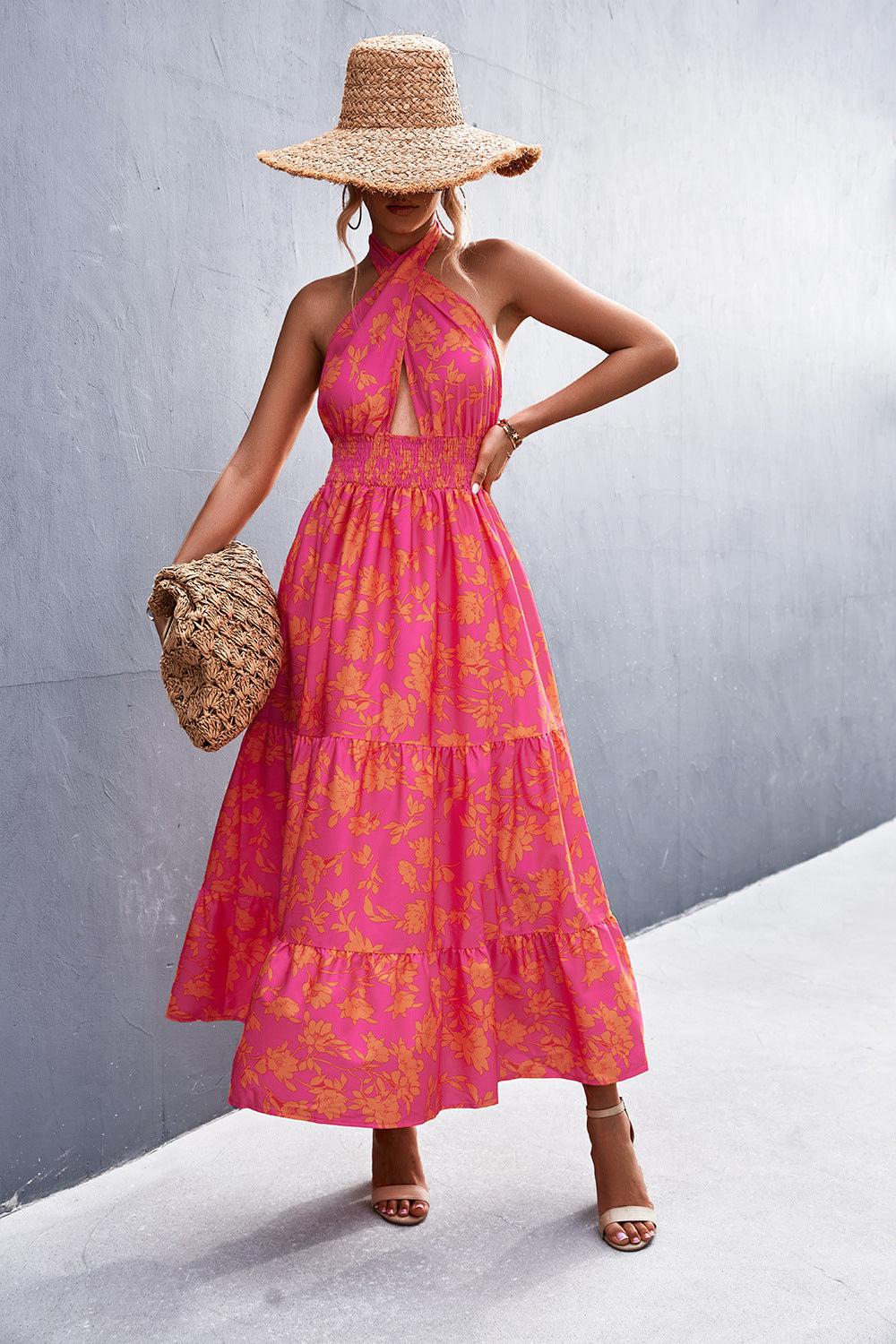 Printed Halter Neck Tiered Maxi Dress BLUE ZONE PLANET