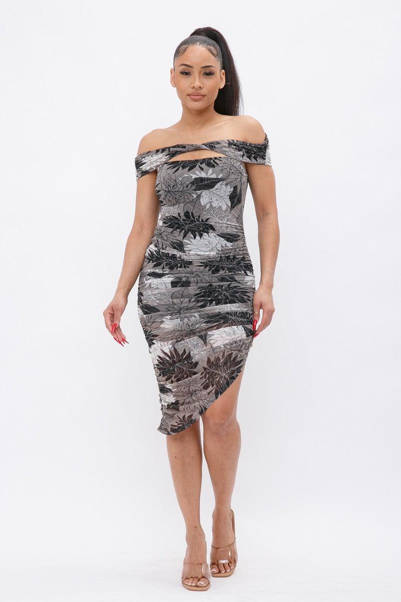 Printed Mesh Off Shoulder Dress Blue Zone Planet