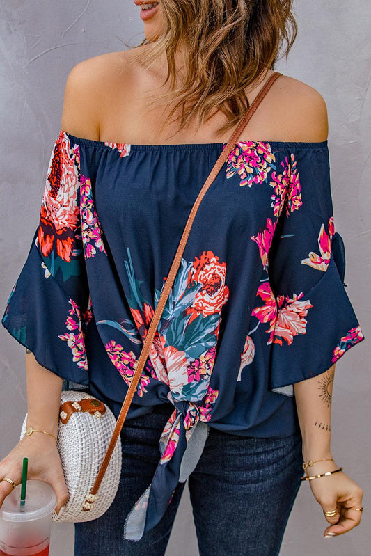 Printed Off-Shoulder Flounce Sleeve Top BLUE ZONE PLANET