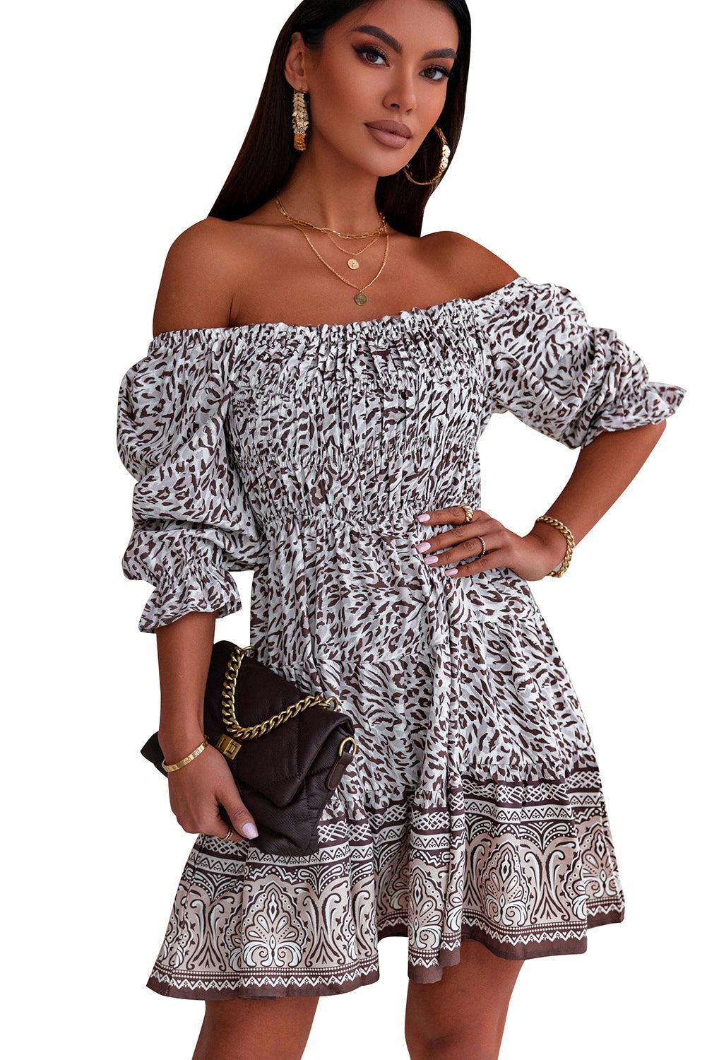 Printed Off-Shoulder Pleated Dress BLUE ZONE PLANET