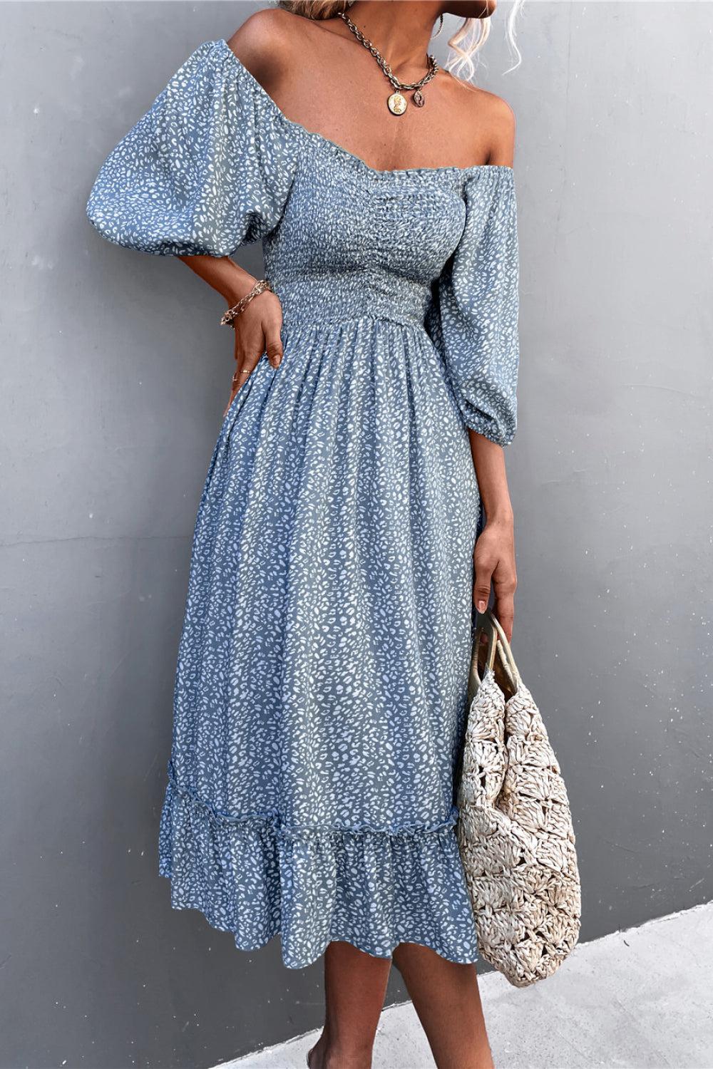 Printed Off-Shoulder Ruffle Hem Midi Dress BLUE ZONE PLANET