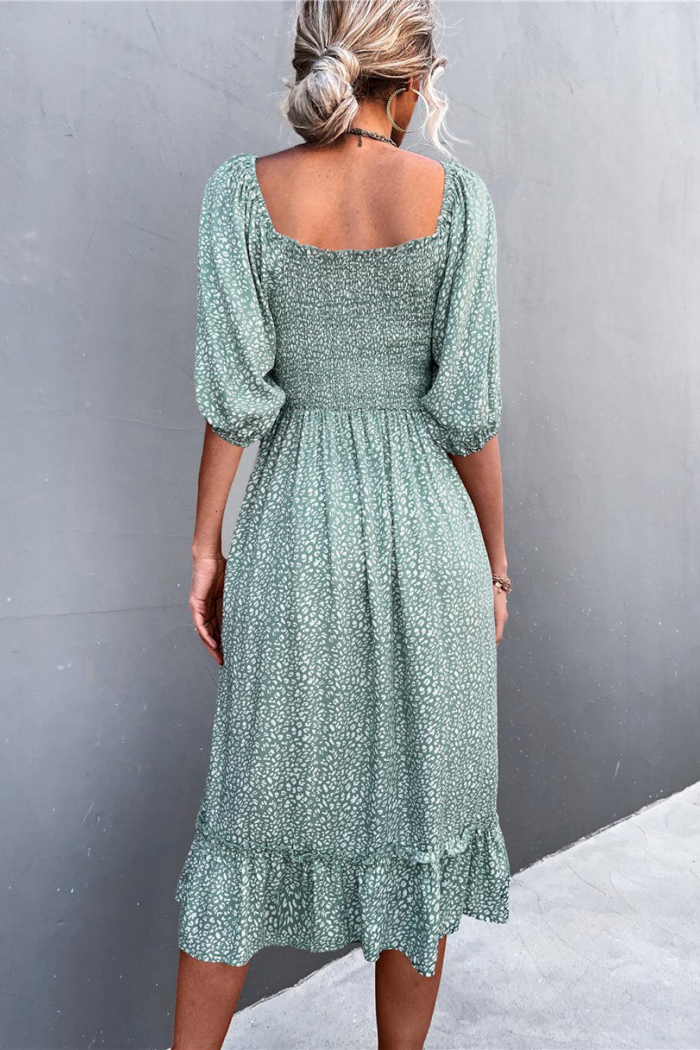 Printed Off-Shoulder Ruffle Hem Midi Dress BLUE ZONE PLANET