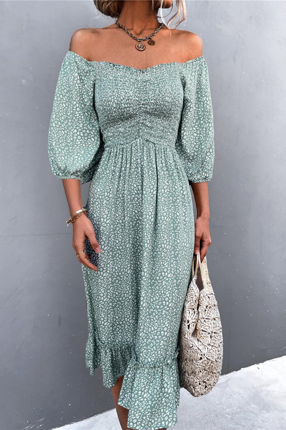Printed Off-Shoulder Ruffle Hem Midi Dress BLUE ZONE PLANET