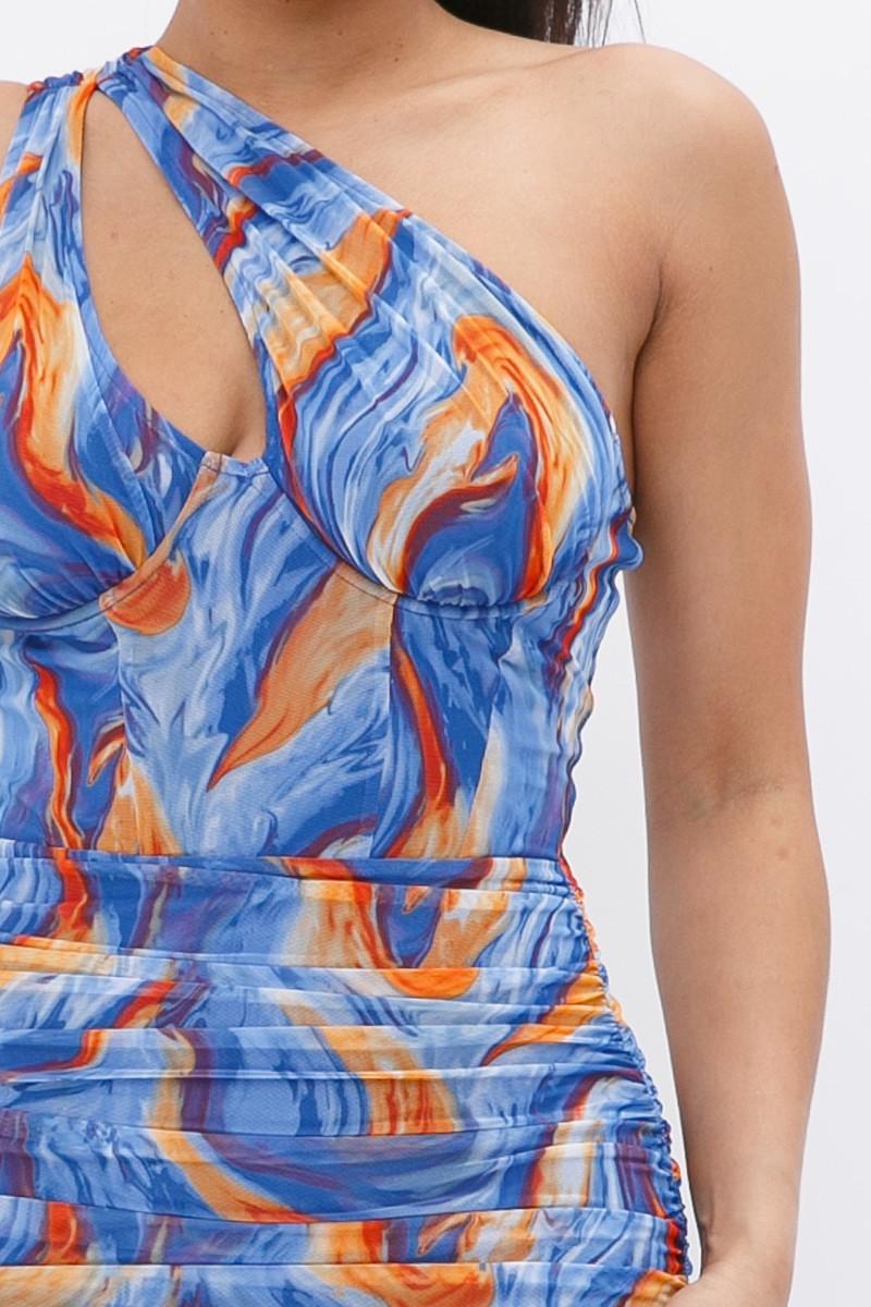 Printed One Shoulder Mini Dress Blue Zone Planet