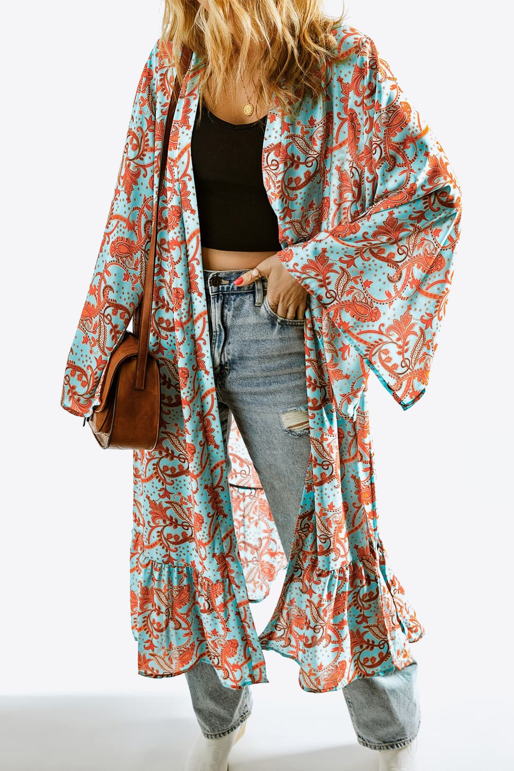 Printed Open Front Duster Cardigan BLUE ZONE PLANET