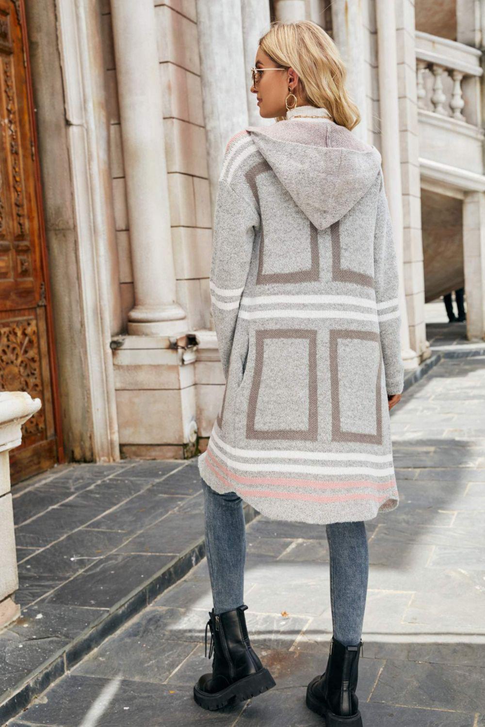 Printed Open Front Hooded Longline Cardigan BLUE ZONE PLANET