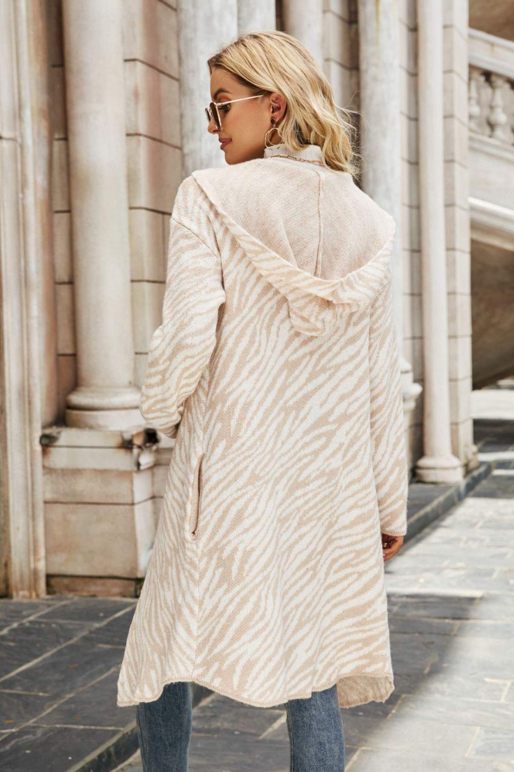 Printed Open Front Hooded Longline Cardigan BLUE ZONE PLANET