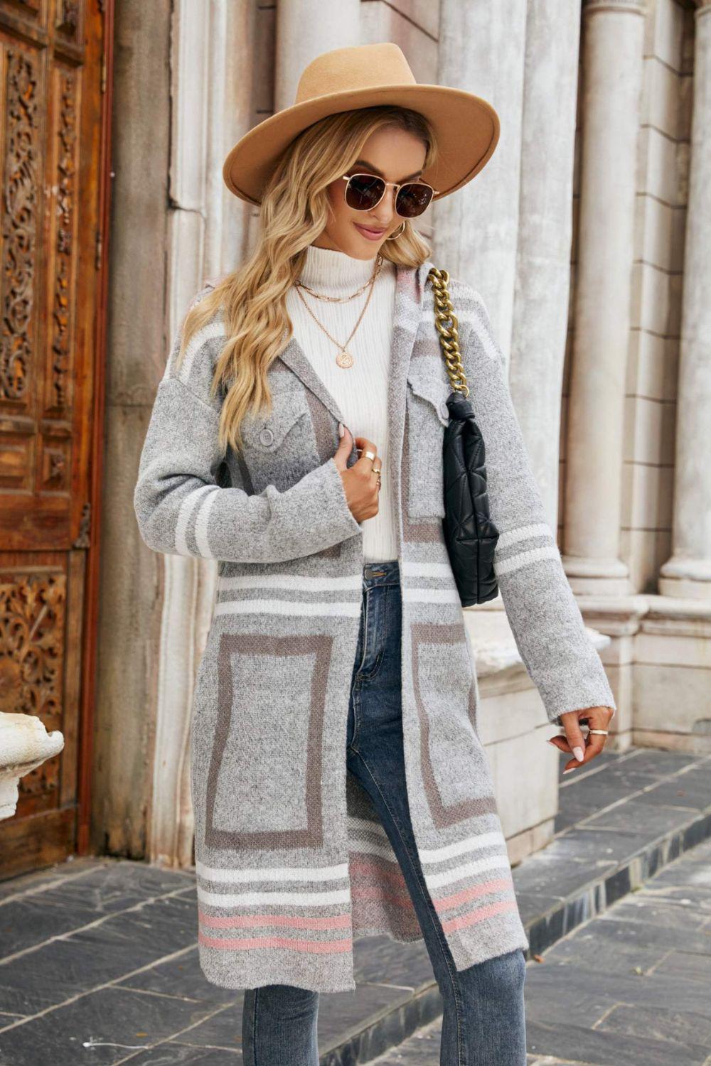 Printed Open Front Hooded Longline Cardigan BLUE ZONE PLANET