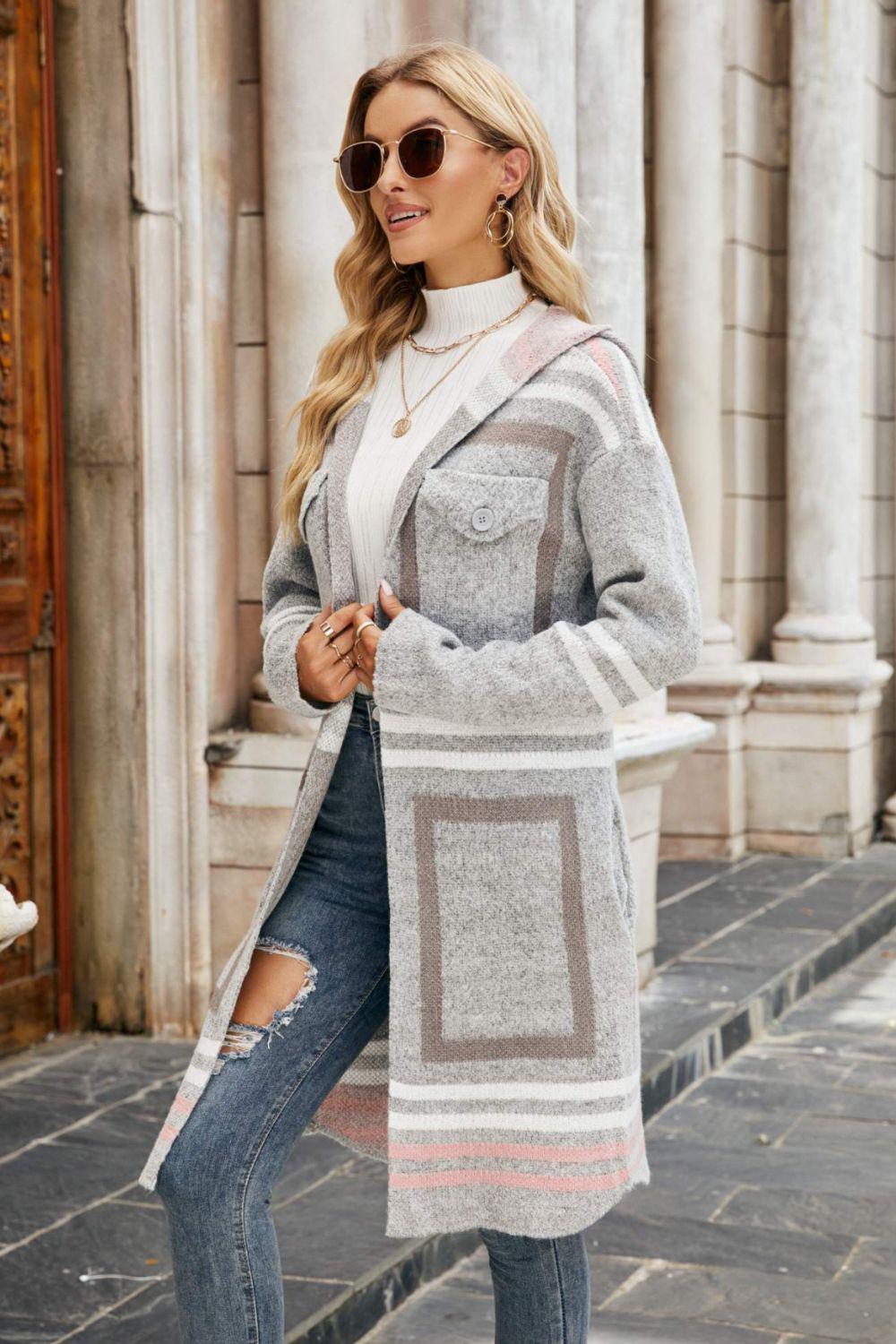 Printed Open Front Hooded Longline Cardigan BLUE ZONE PLANET