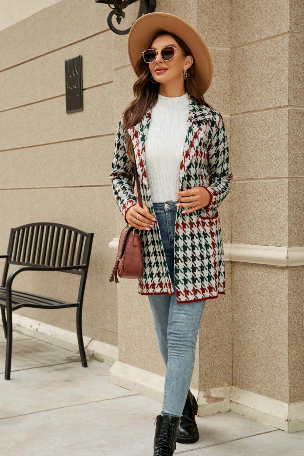 Printed Open Front Lapel Collar Cardigan with Pockets BLUE ZONE PLANET