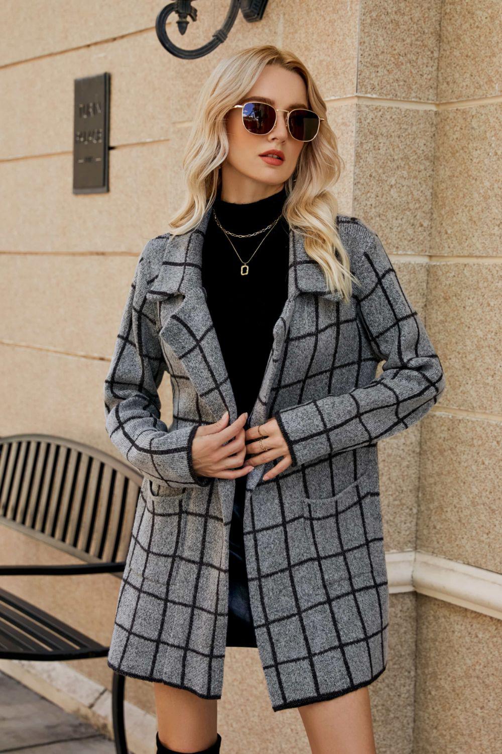Printed Open Front Lapel Collar Cardigan with Pockets BLUE ZONE PLANET