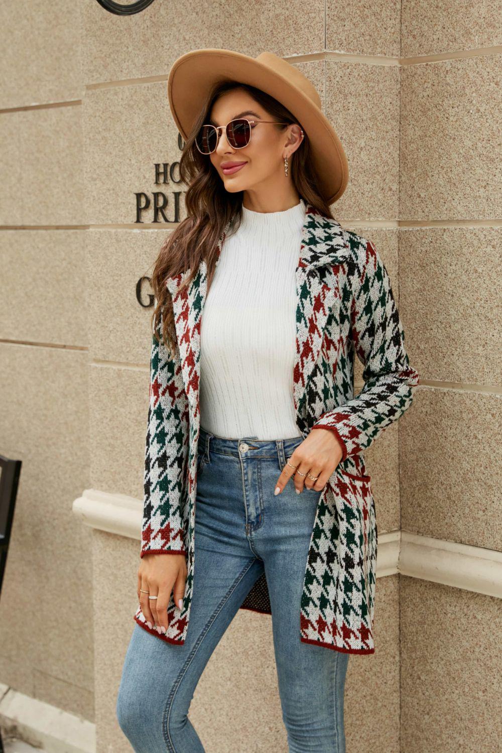 Printed Open Front Lapel Collar Cardigan with Pockets BLUE ZONE PLANET