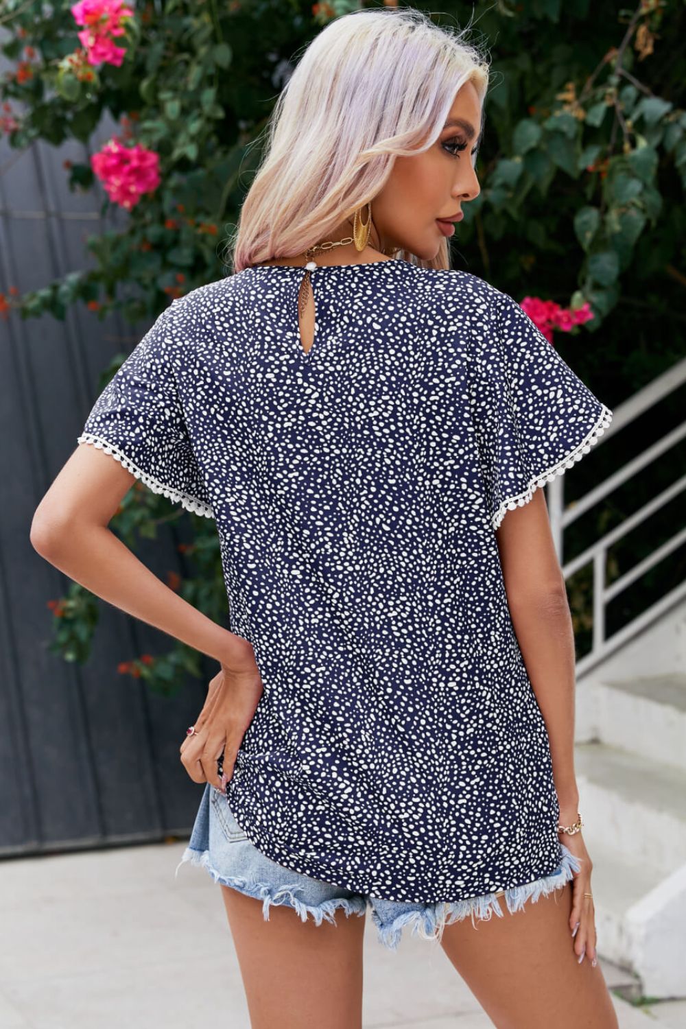 Printed Pom Pom Detail Petal Sleeve Blouse BLUE ZONE PLANET